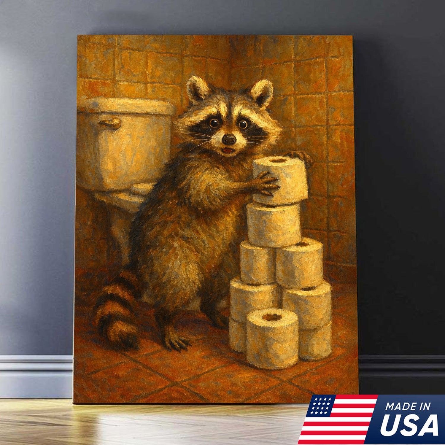 Funny Raccoon Canvas Wall Art – Cute Animal Bathroom Decor with Toilet Paper for Rustic Cabin & Home