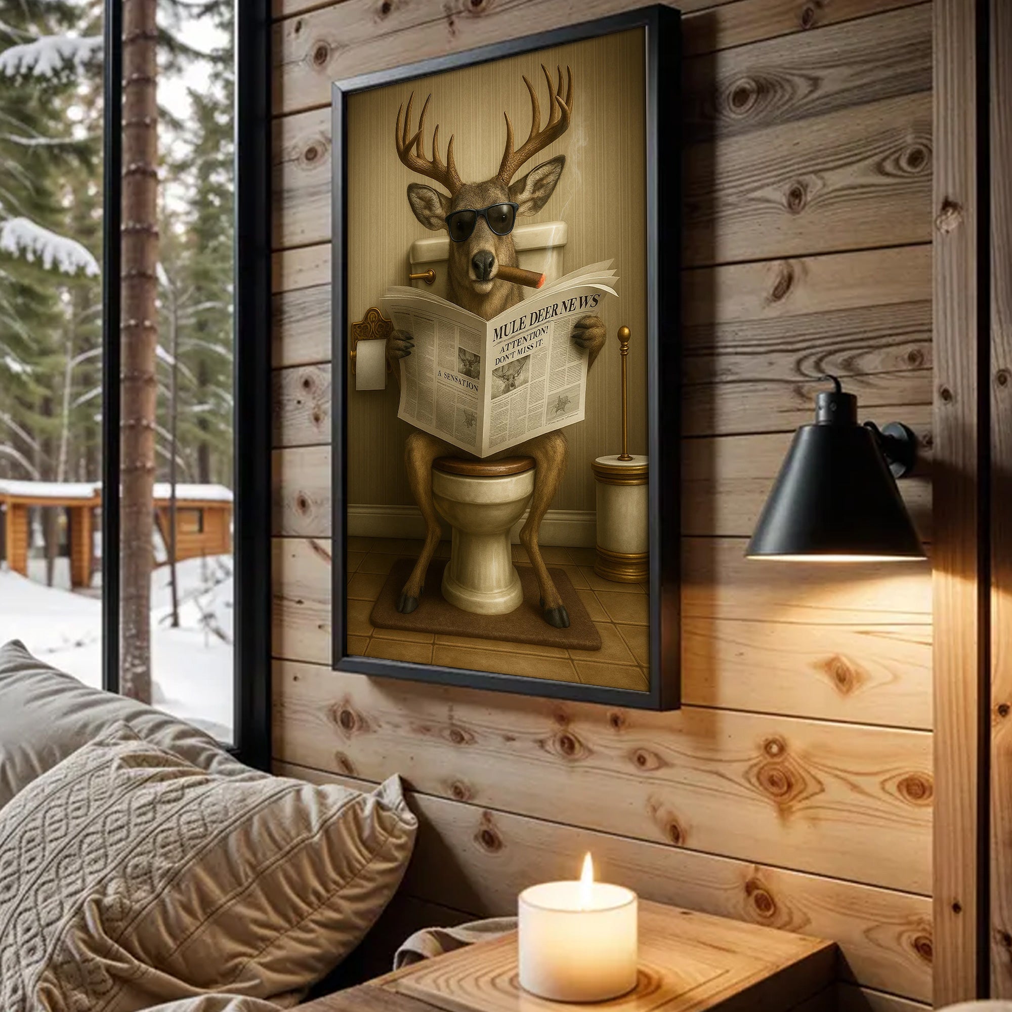 Funny Mule Deer Newspaper Bathroom Canvas Wall Art – Wildlife Animal Poster - Unique Gift for Dad, Hunters & Outdoorsmen