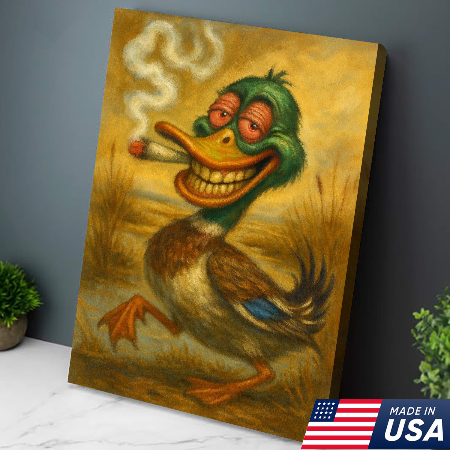 Funny Duck Smoking Cigar Canvas Wall Art – Rustic Hunting Cabin Decor, Man Cave & Lodge Gift