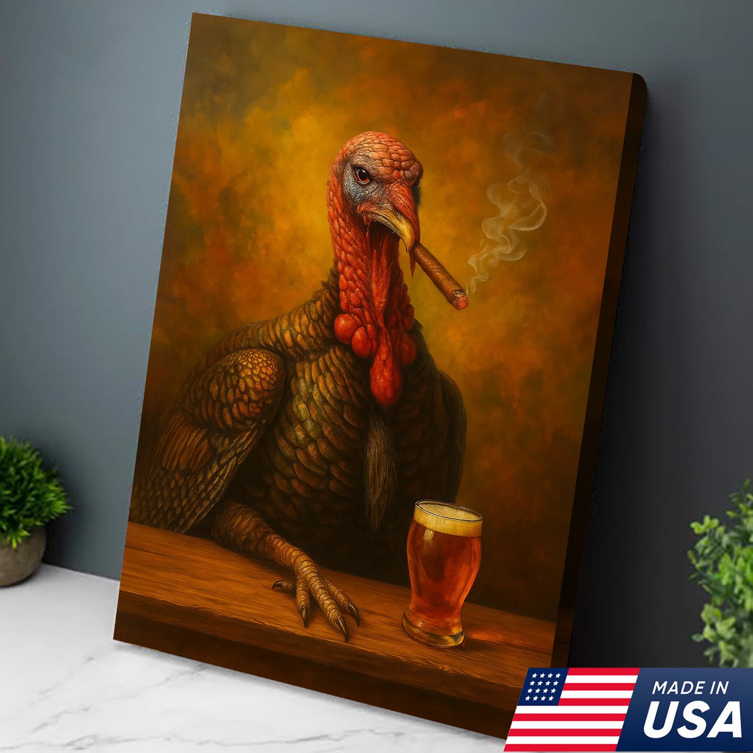 Funny Turkey Drinking Cocktail Glasses and Smoking Canvas – Rustic Farmhouse Wall Art
