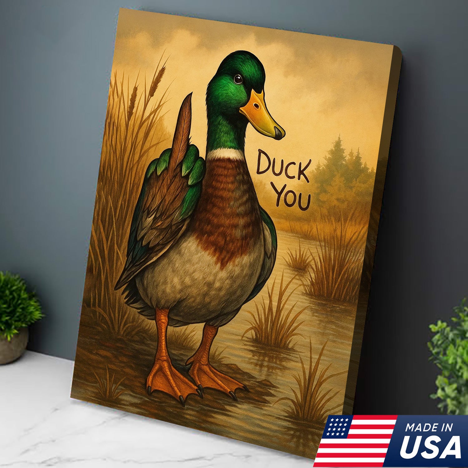 Funny Mallard Duck Canvas Wall Art – Cheeky Bathroom Decor, Rustic Lake House & Farmhouse Print