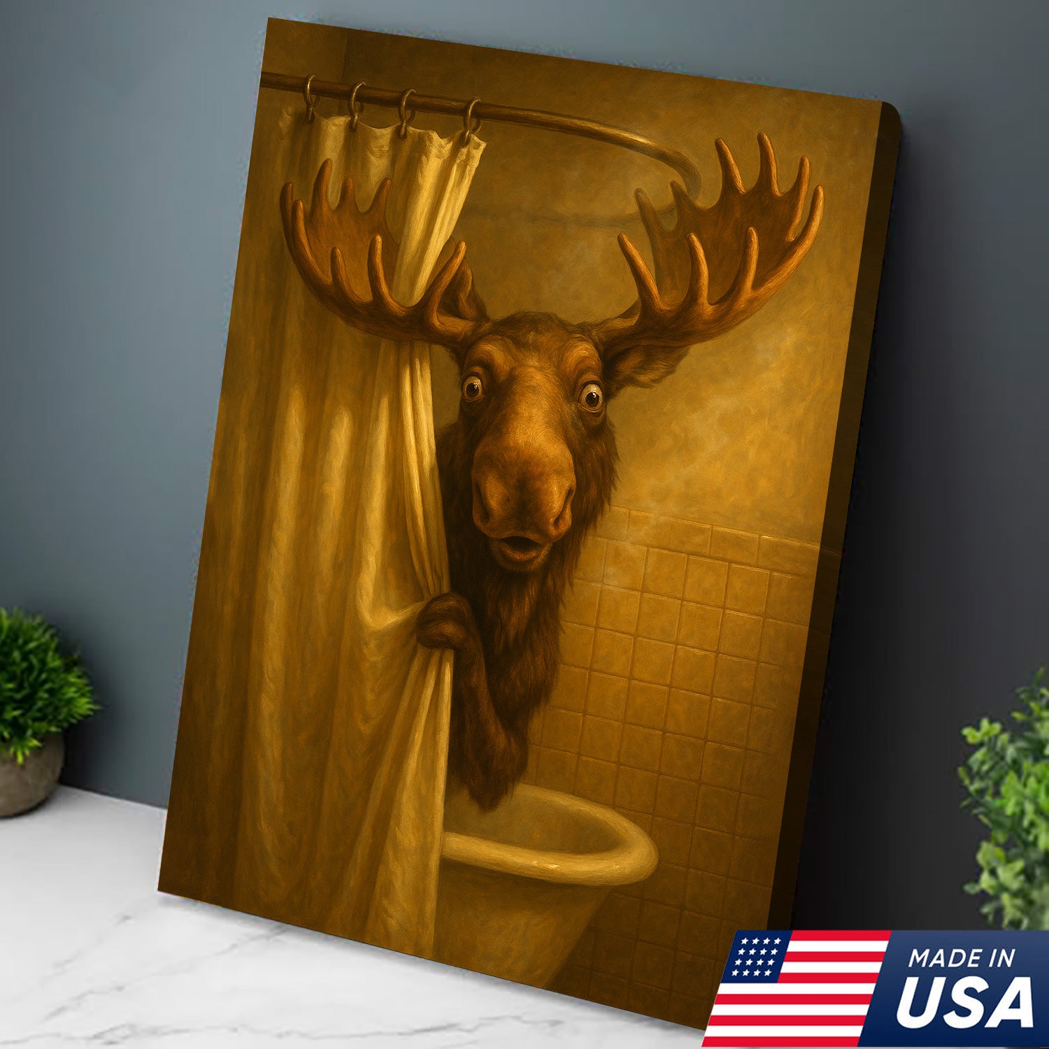 Funny Moose Bathroom Canvas Wall Art – Rustic Lodge Cabin Decor for Bathroom, Man Cave & Rustic Homes
