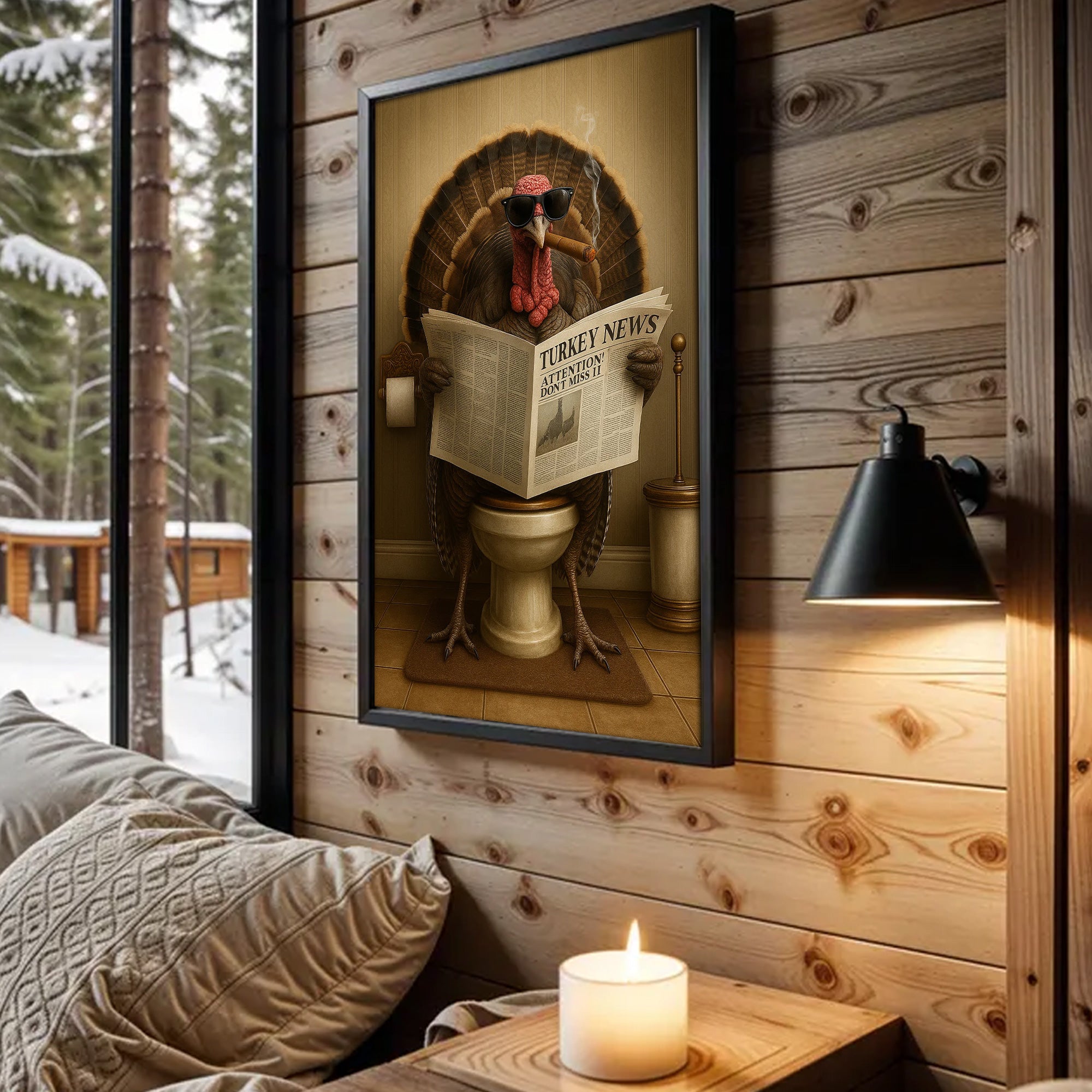 Turkey Reading News Smoking Bathroom Wall Art – Rustic Decor for Men, Hilarious Gift for Men, Hunter