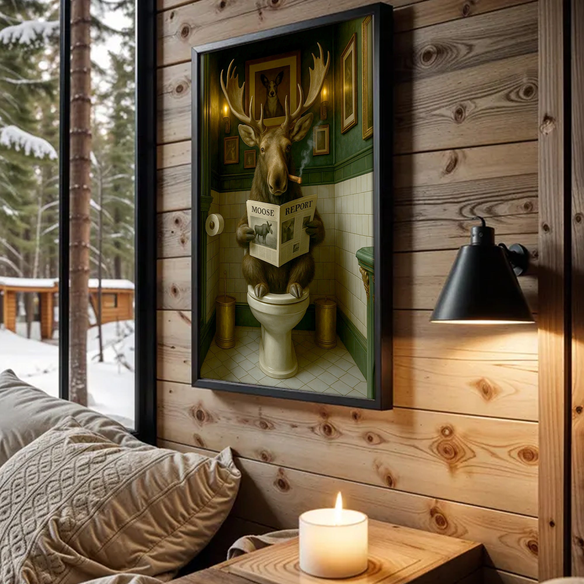 Funny Moose Bathroom Poster Canvas – Rustic Lodge Wall Art with Moose Reading ‘Moose Report’ - Gift for Hunters & Men