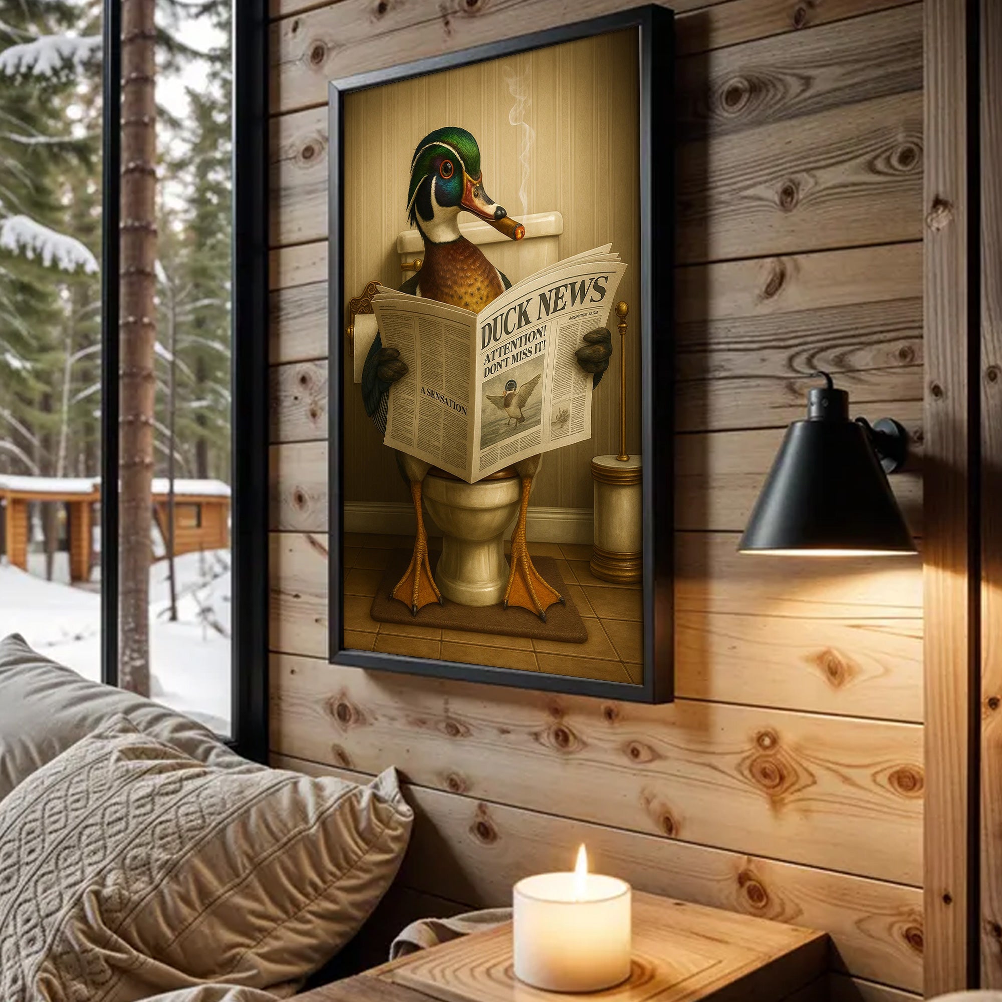 Funny Wood Duck Read Newspaper Bathroom Canvas – Hunting Wildlife Animal Poster - Unique Gift for Dad, Hunters