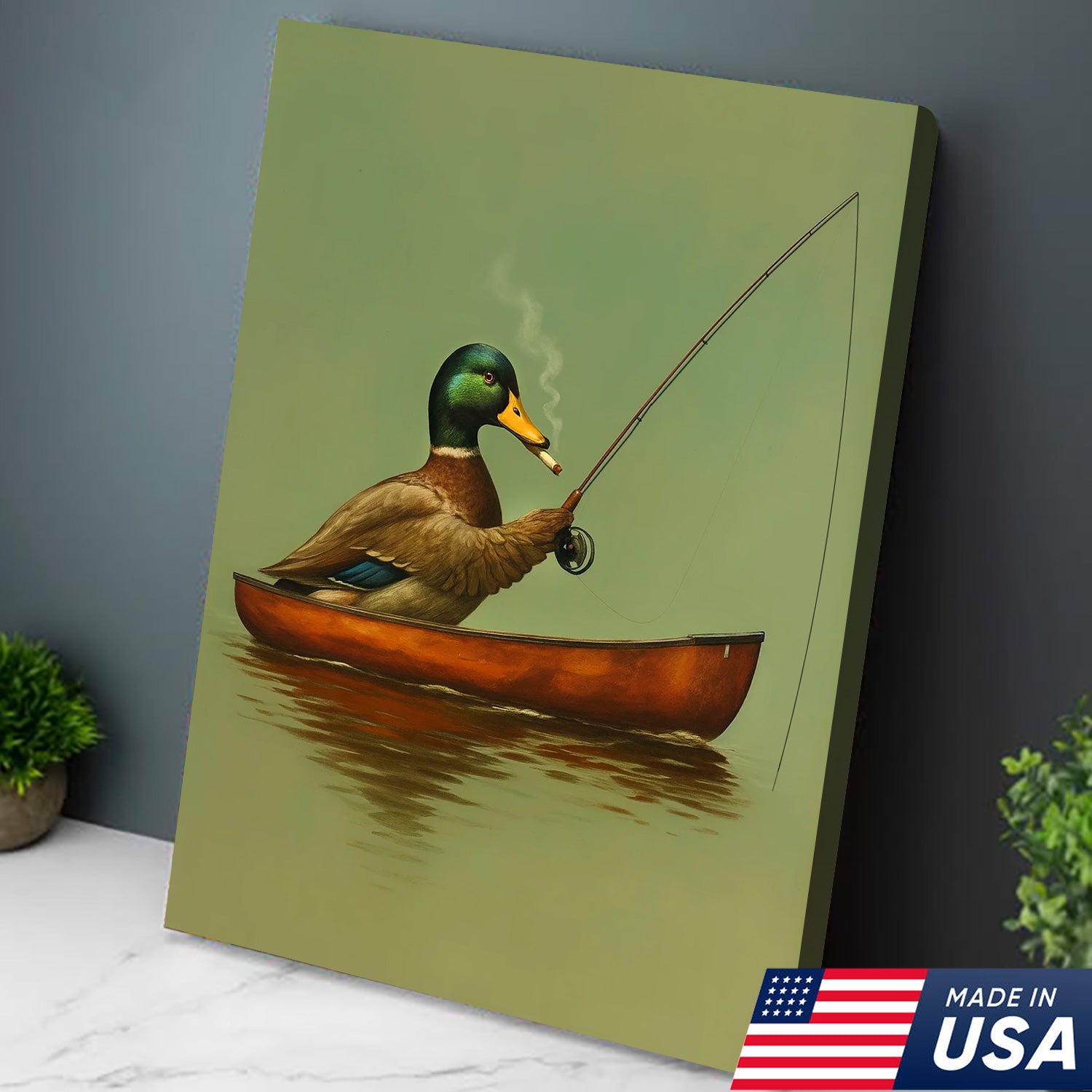 Funny Duck Fishing Canvas, Funny Hunting Wall Art for Fisherman & Hunter Gift Decor