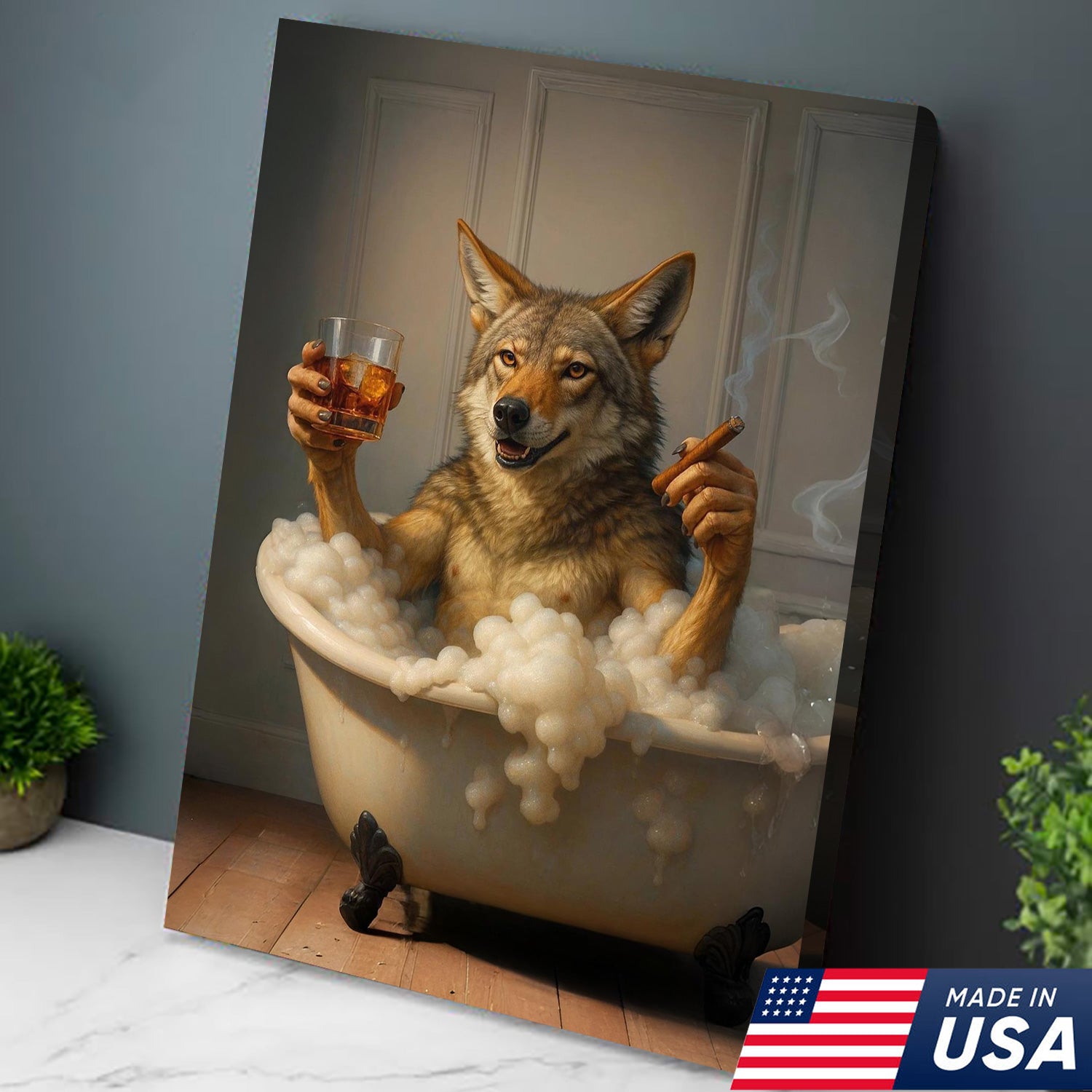 Wolf Coyote Chilling in Bubble Bath Canvas Wall Art – Whimsical Bathroom Decor, Rustic Farmhouse & Cabin Print