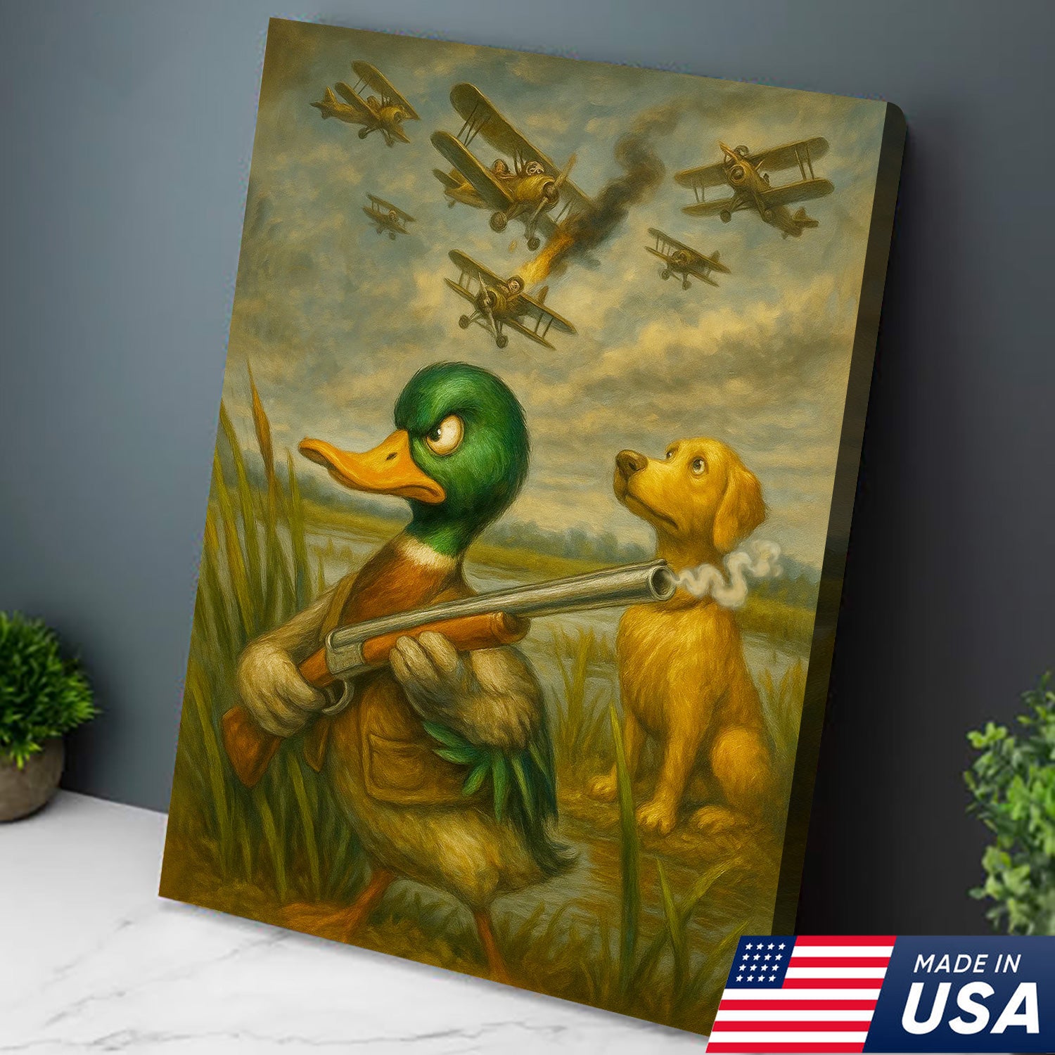 Funny Duck with Shotgun Canvas Wall Art – Hunting Dog & Airplane Battle Rustic Decor, Man Cave Lodge Gift