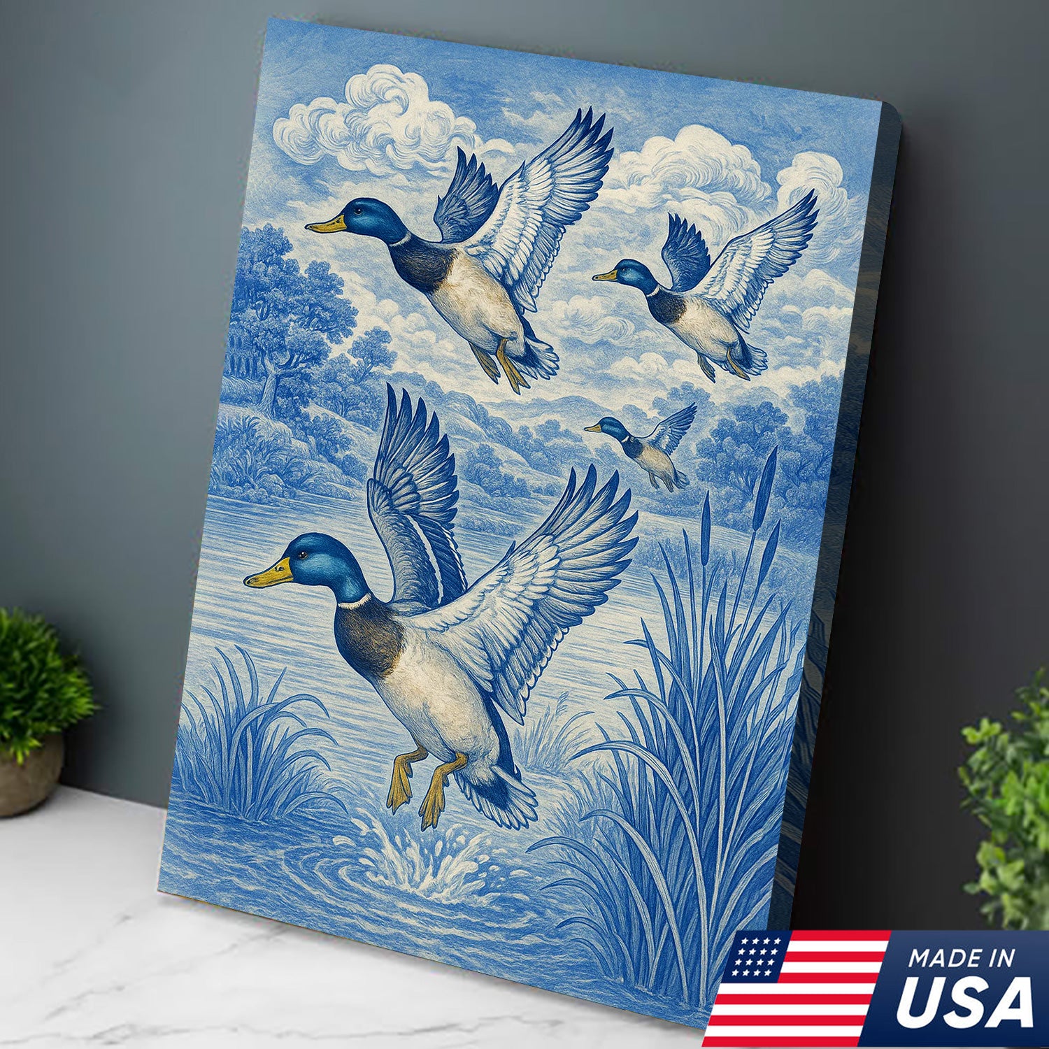 Vintage Mallard Duck Hunting Canvas – Rustic Blue Wildlife Wall Art USA