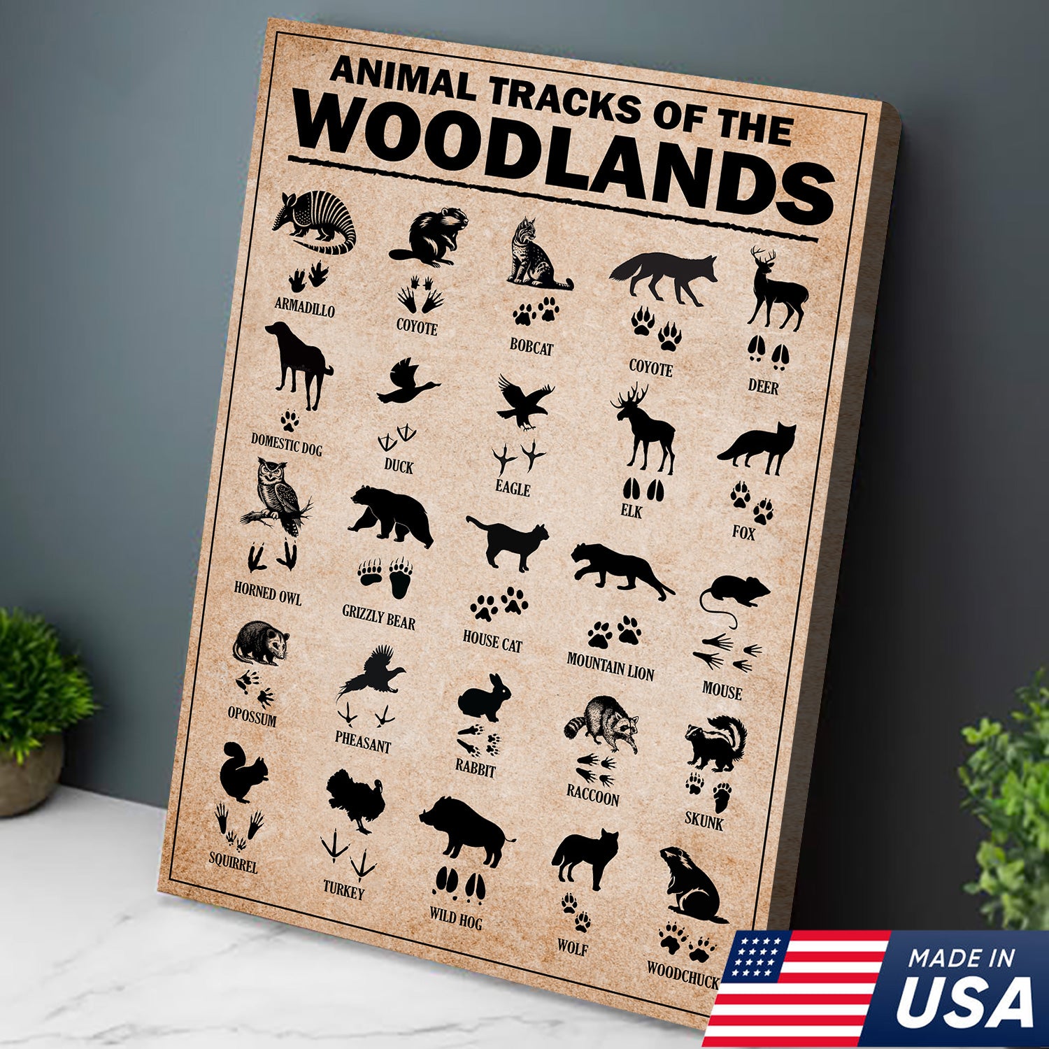 Animal Tracks of the Woodlands Canvas Wall Art, Wildlife Footprint Chart, Rustic Hunting Cabin & Educational Decor