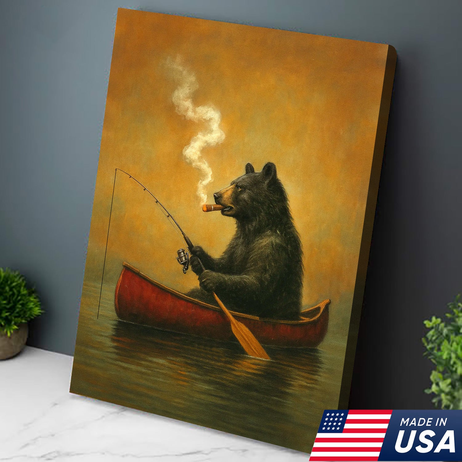 Bear Smoking Fishing Canvas, Funny Lodge Wall Art, Canoe Fishing Rustic Cabin Wall Art
