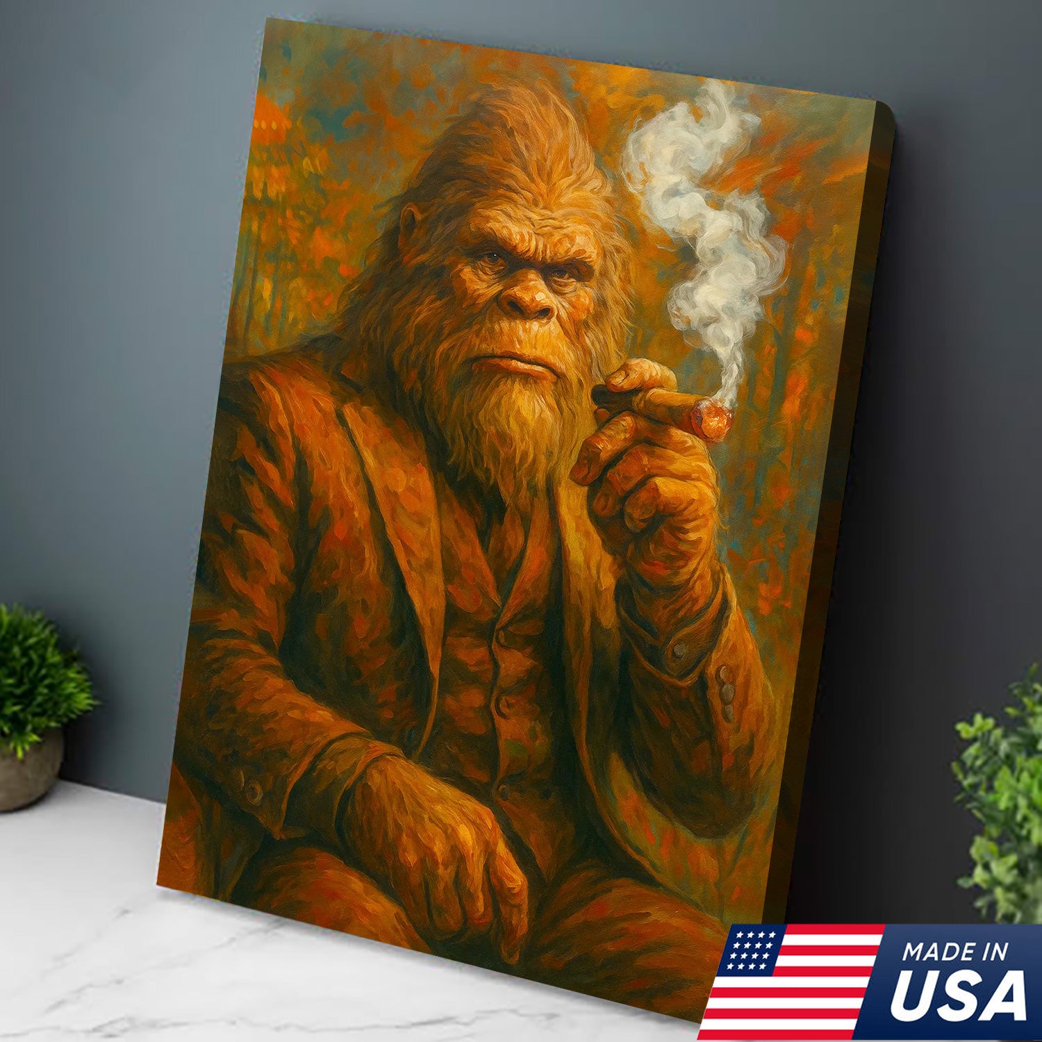 Bigfoot Smoking Canvas, Sasquatch Wall Art Print for Man Cave, Rustic Cabin & Smoking Lounge