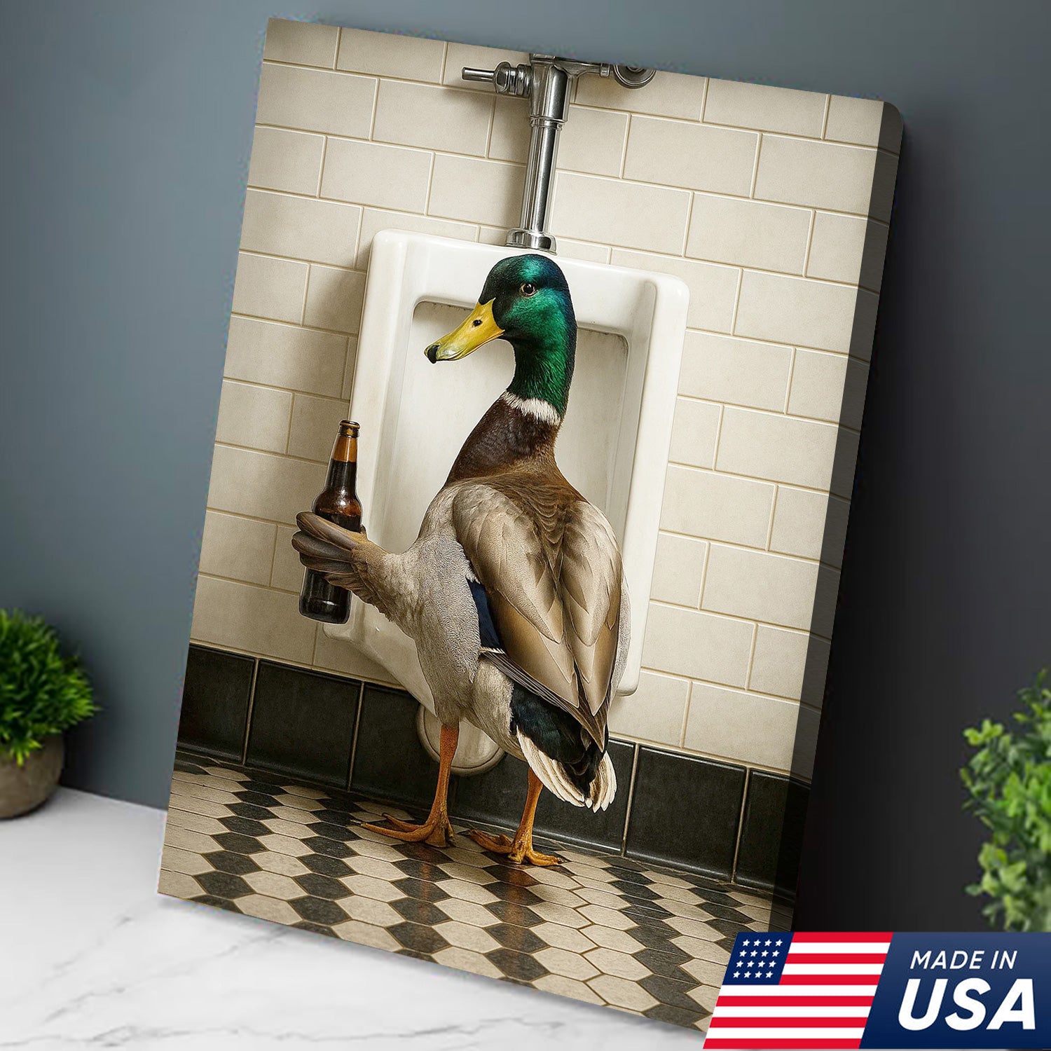 Funny Mallard Duck Holding Beer Bathroom Canvas – Duck at Urinal Wall Art, Rustic Cabin & Man Cave Decor