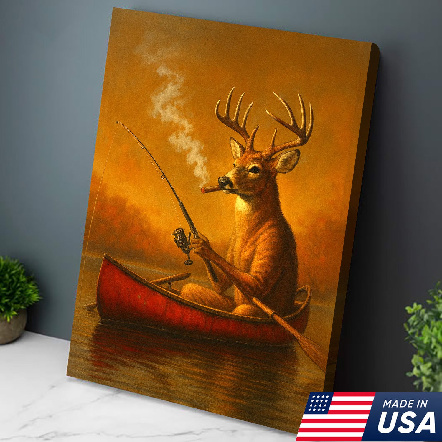 Rustic White Tailed Deer Fishing Canvas, Funny Hunting Wall Art for Fisherman & Hunter Gift Decor