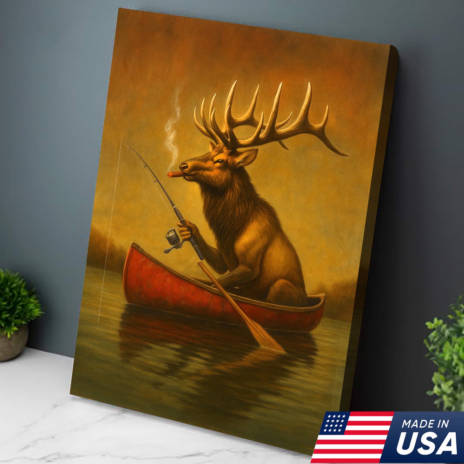 Funny Elk Fishing Canvas Wall Art – Rustic Cabin Decor for Hunters & Fishermen