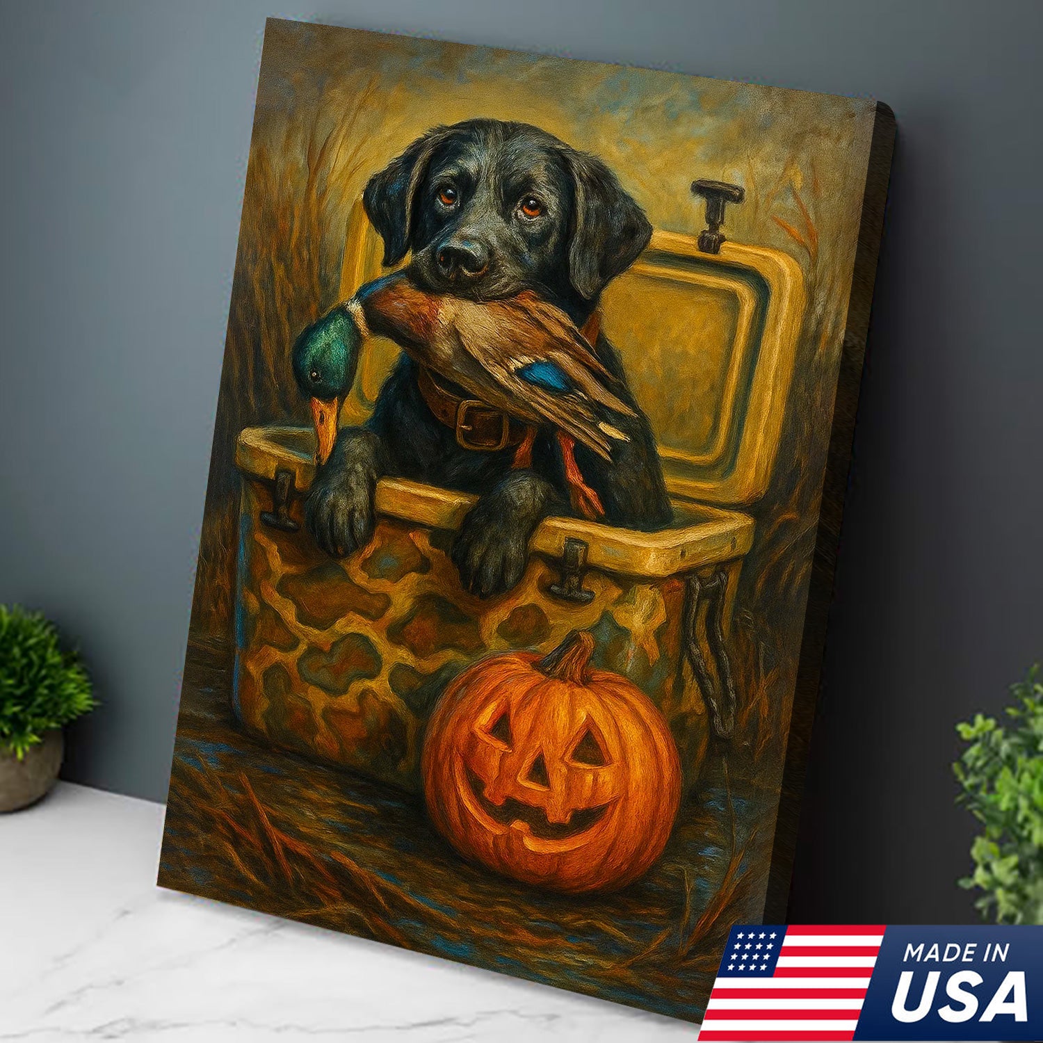 Labrador Retriever Hunting Dog Canvas Wall Art – Black Lab with Duck and Halloween Pumpkin Decor