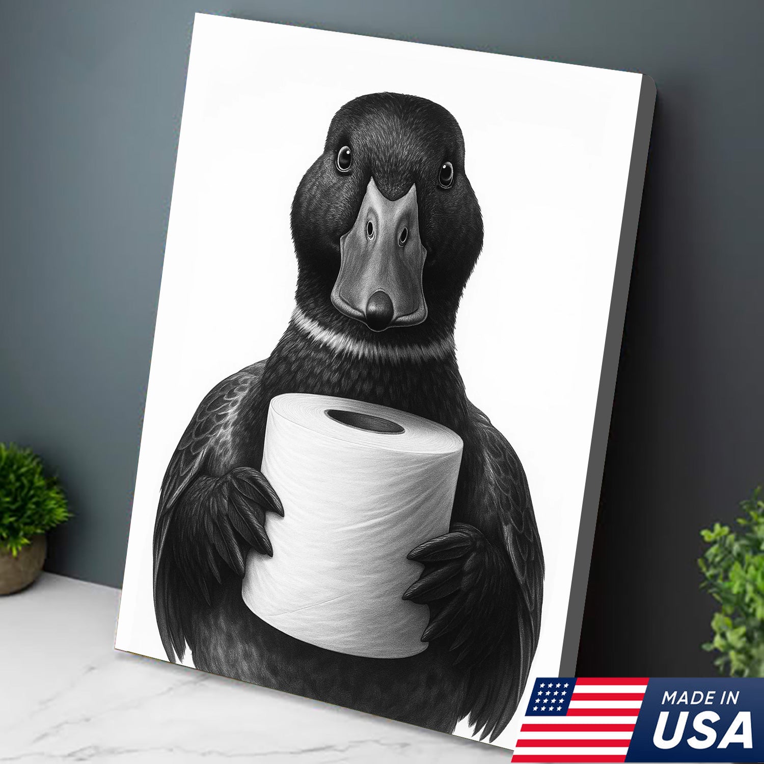 Mallard Duck Canvas Wall Art, Funny Animal Portrait Holding Toilet Paper, Black and White Bathroom Decor Print