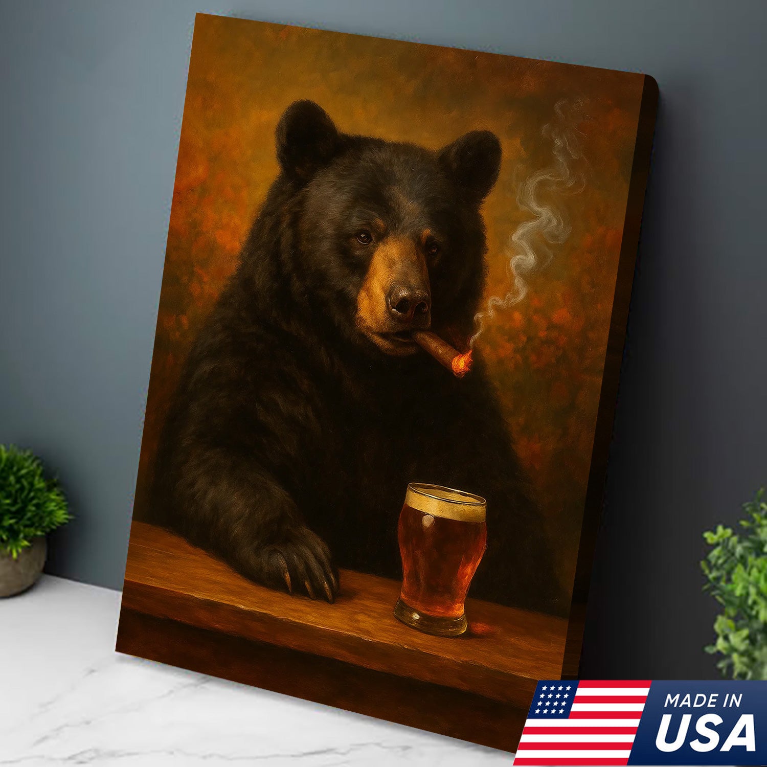 Funny Bear Drinking Cocktail Glasses & Smoking Canvas Wall Art - Rustic Bar & Hunting Lodge Decor