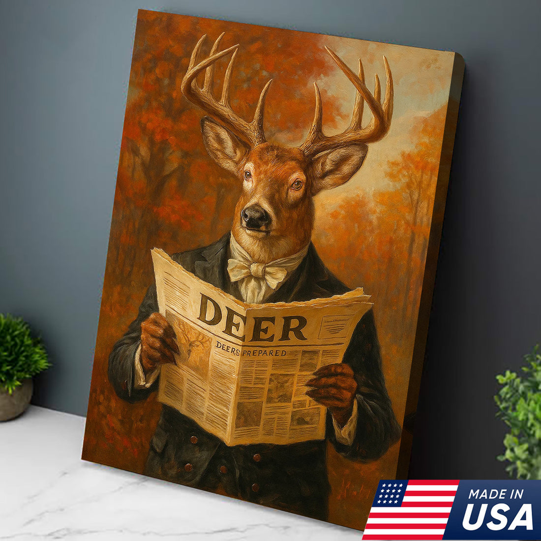 Funny Deer Reading Newspaper Canvas – Rustic Hunting Lodge Wall Art