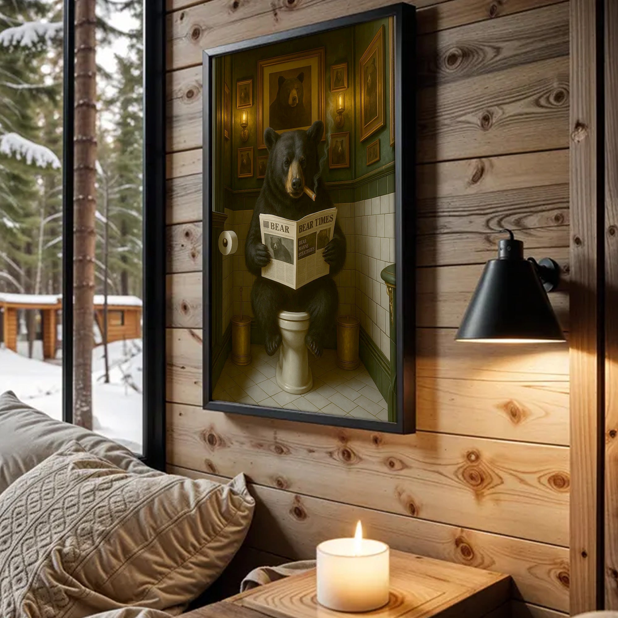 Funny Bear Hunting Bathroom Canvas – Black Bear On Toilet Reading Newspaper - Rustic Lodge Decor for Dad or Hunters