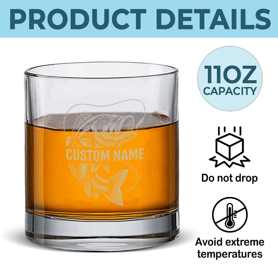 Personalized Whiskey Glass – Bass Fish Engraved Custom Glass, For Fishing Lovers, Man Cave Decor
