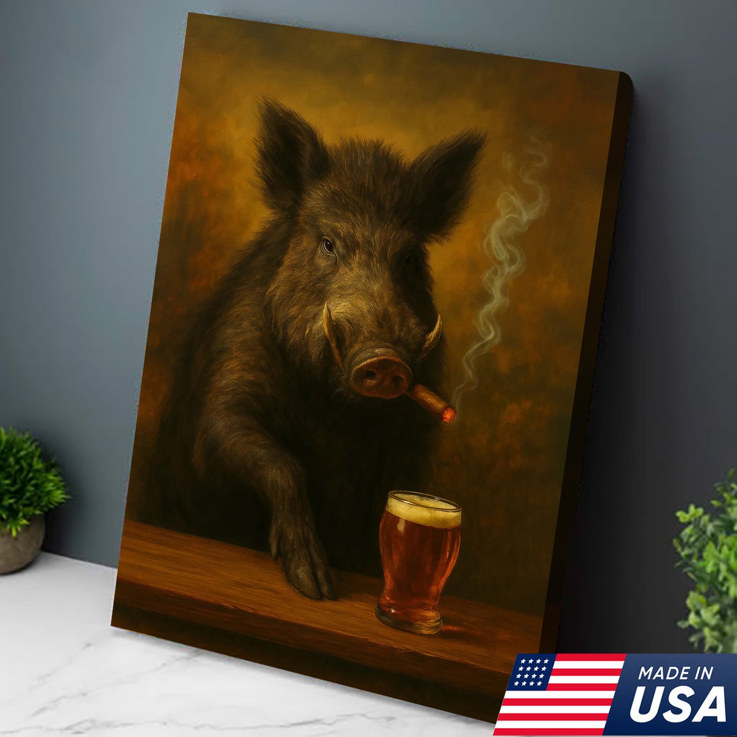 Funny Wild Boar Smoking with Cocktail Glasses Canvas – Rustic Hunting Lodge Wall Art