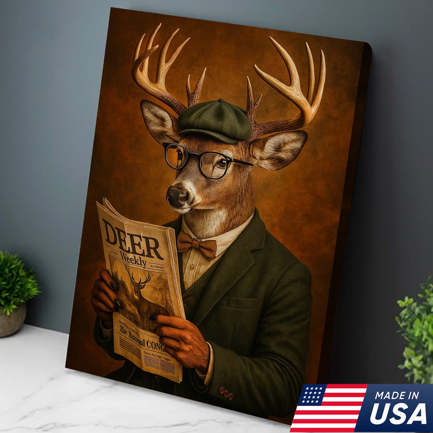 Funny Deer Gentleman Reading Newspaper Canvas – Rustic Hunting Lodge Wall Art