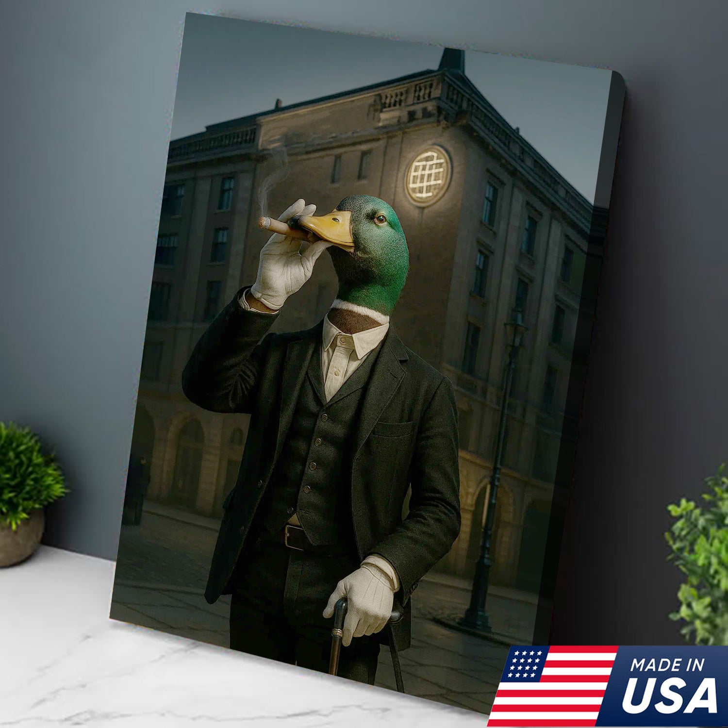 Mallard Gentleman Canvas – Duck in Suit Portrait, Vintage Noir Animal Wall Art for Office & Cabin