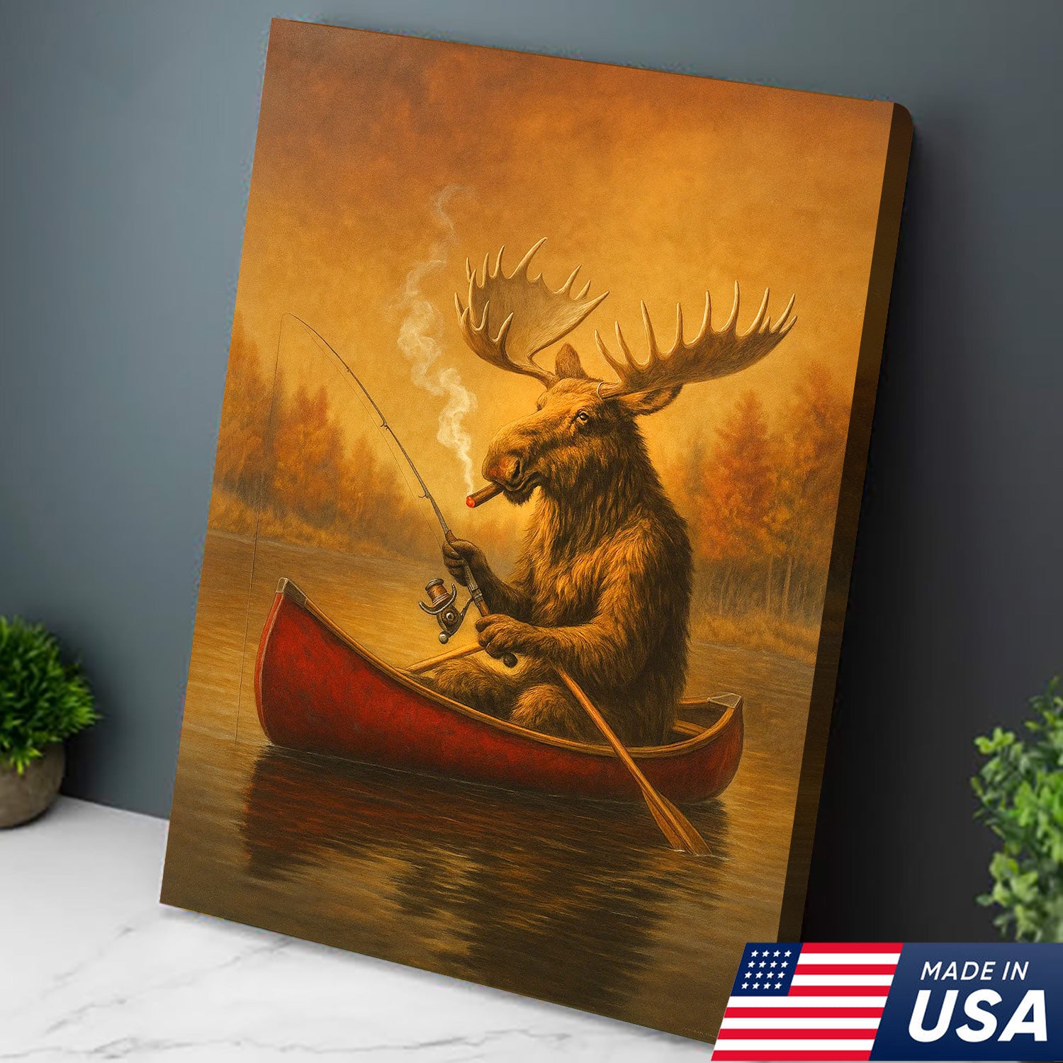 Funny Moose Fishing Canvas Wall Art, Rustic Cabin & Lodge Decor for Hunters & Fishermen