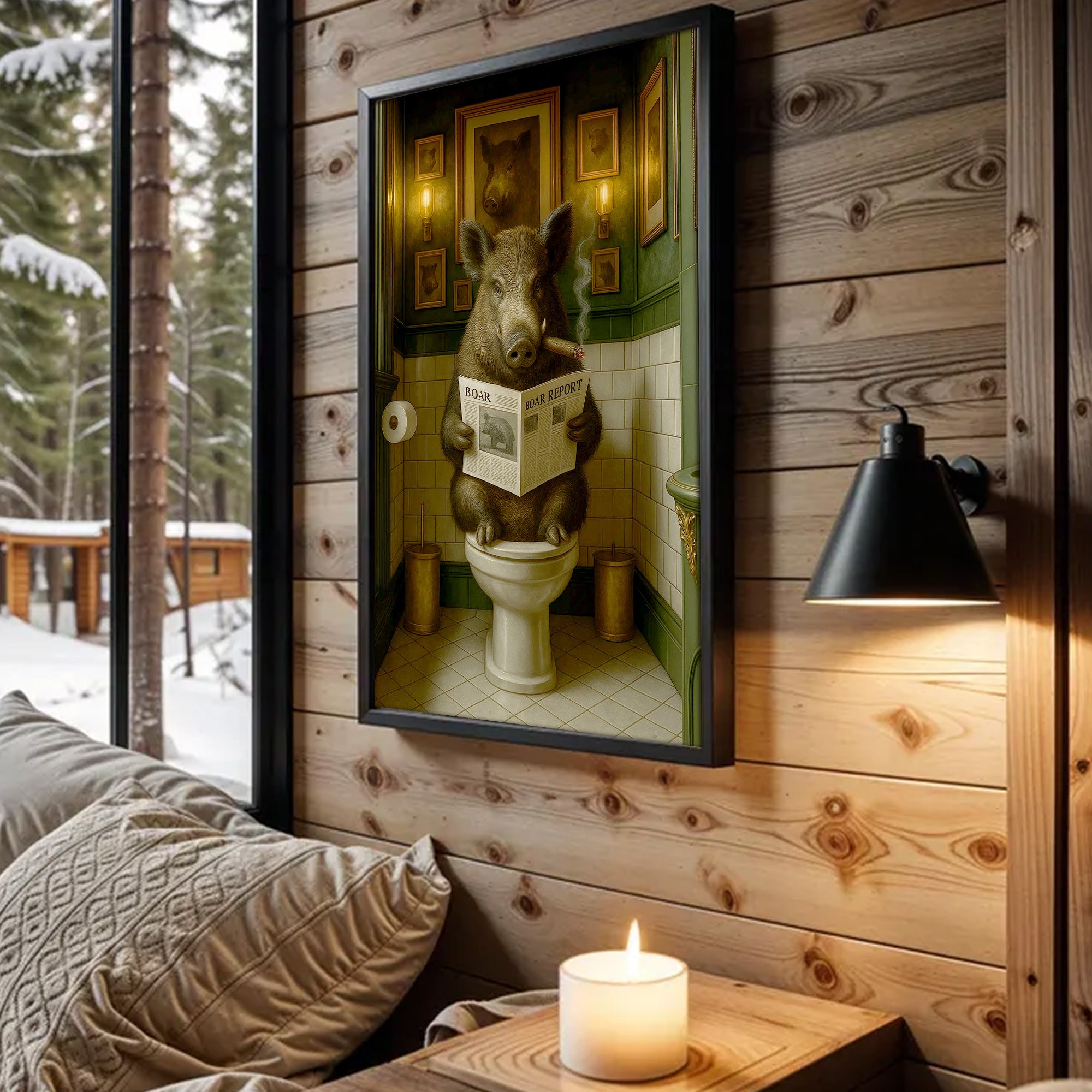 Boar Reading News Smoking Bathroom Wall Art – Rustic Decor for Men, Hilarious Gift for Men, Hunter