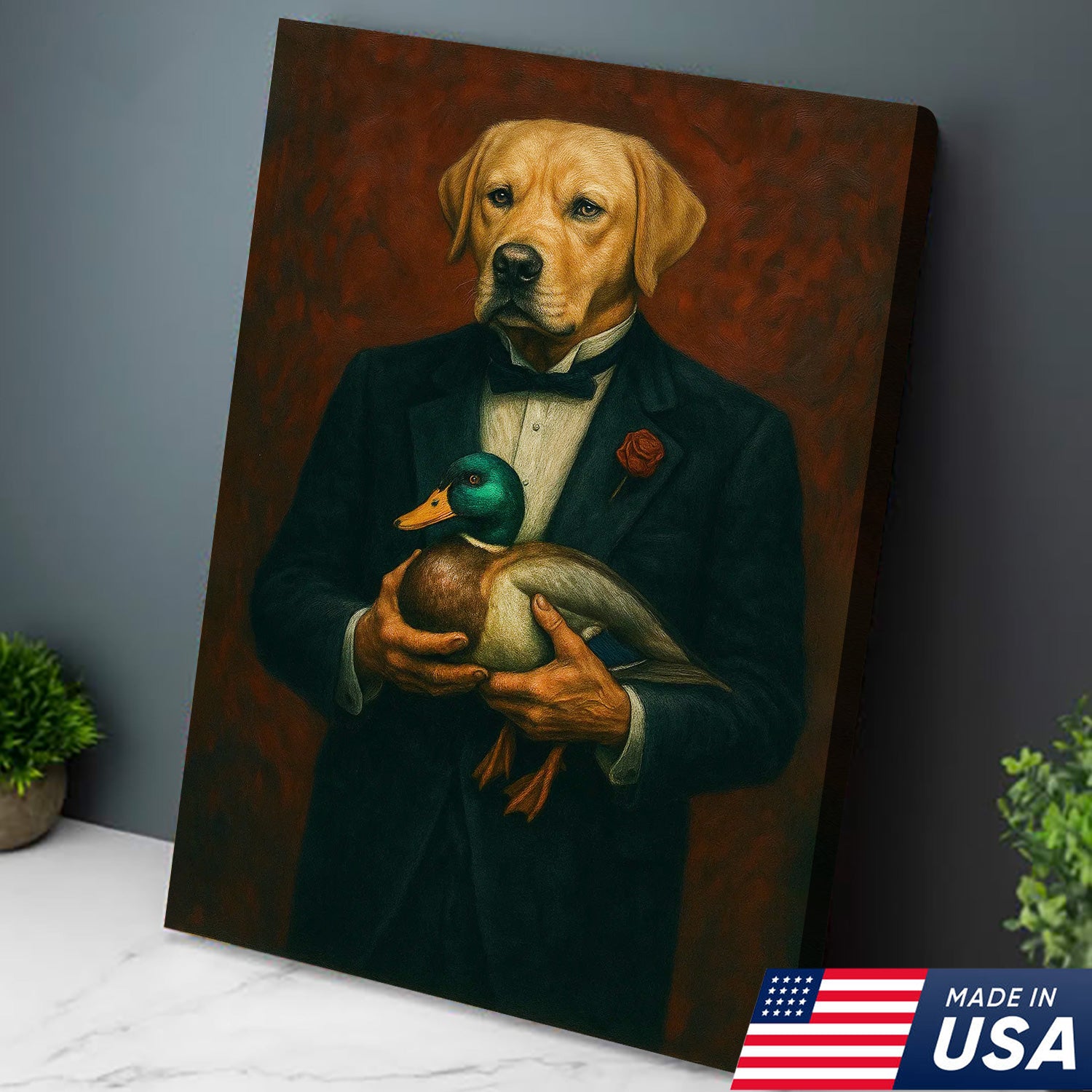 Yellow Labrador Retriever Canvas Wall Art – Distinguished Dog in Tuxedo Holding Mallard Duck – Elegant Hunting Dog Portrait Decor