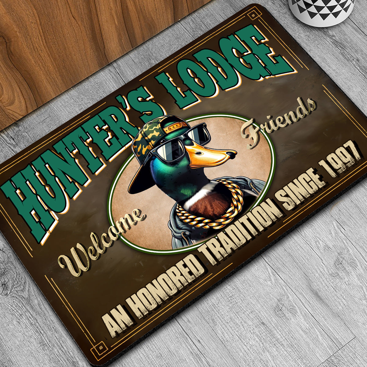 Personalized Hunter’s Lodge Duck Doormat – Funny Hunting Welcome Mat with Custom Year, Rustic Cabin & Lodge Decor