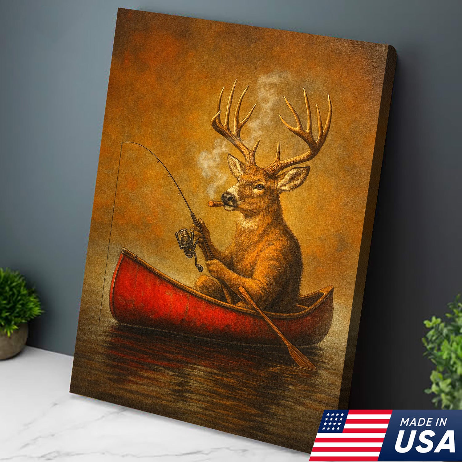 Funny Mule Deer Fishing Canvas Wall Art, Rustic Cabin & Lodge Decor for Hunters & Fishermen