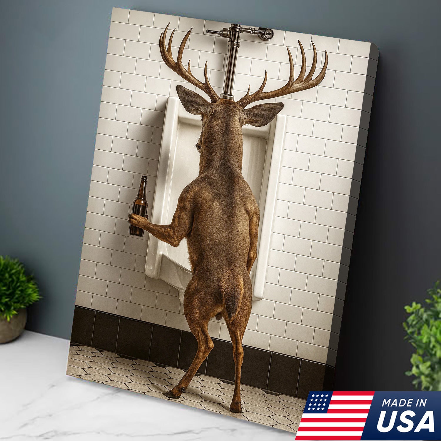 Deer Holding Beer and Standing at the Urinal Canvas – Hilarious Bathroom Wall Art for Rustic Cabin & Man Cave