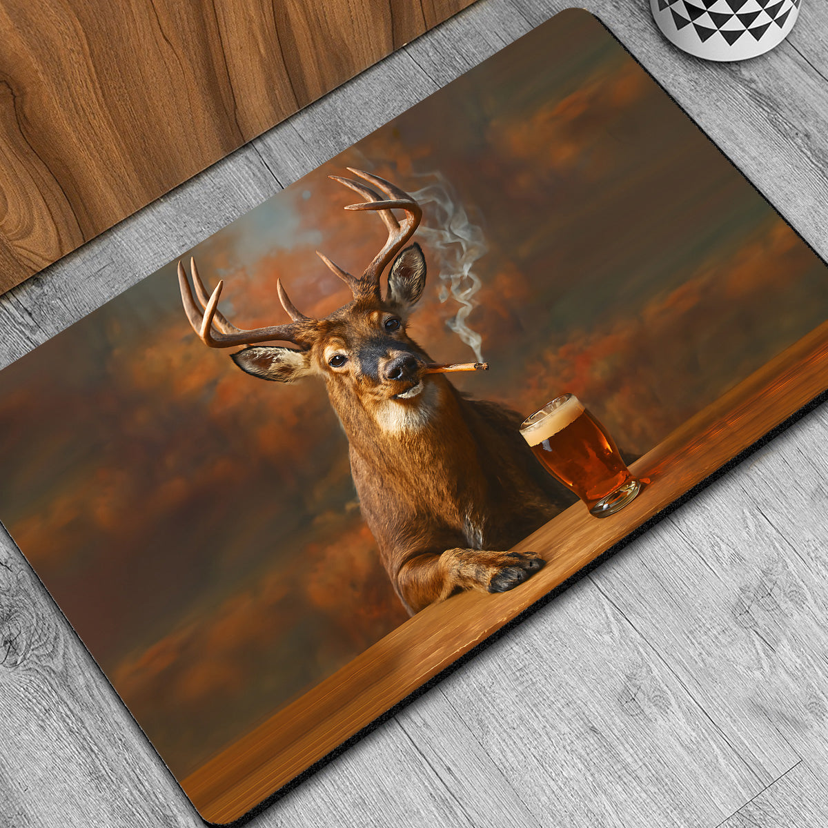 Deer Smoking & Bar Glassware Doormat – Funny Hunting Cabin Rug, Man Cave & Outdoor Decor Gift