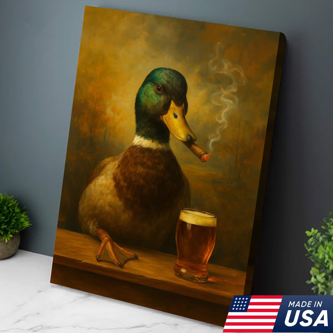 Funny Mallard Duck Smoking & Drinking Cocktail Glasses Canvas Wall Art - Rustic Hunting Perfect Gift for Hunters & Cocktail Glasses Lovers