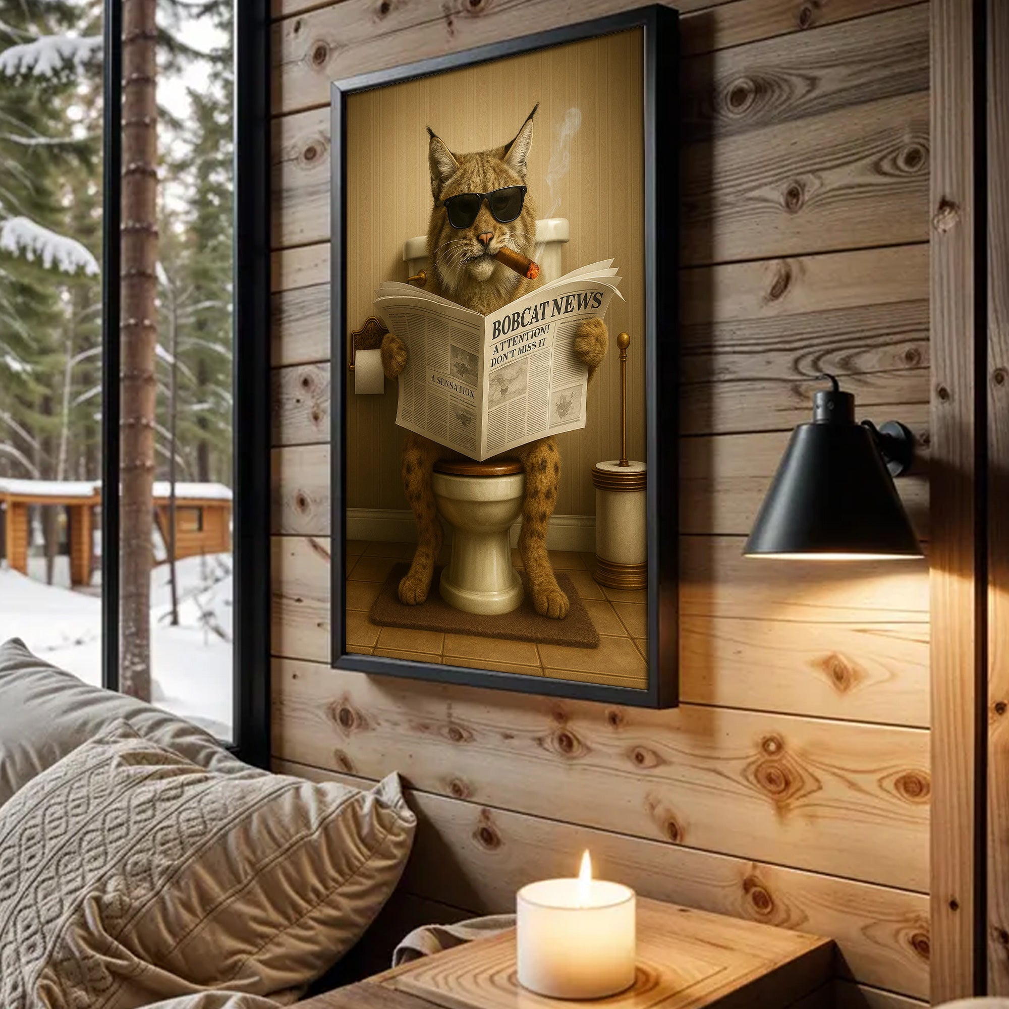 Funny Bobcat Bathroom Wall Art – Rustic Wildlife Decor for Men, Hunting Cabin Poster, Hilarious Gift for Dad