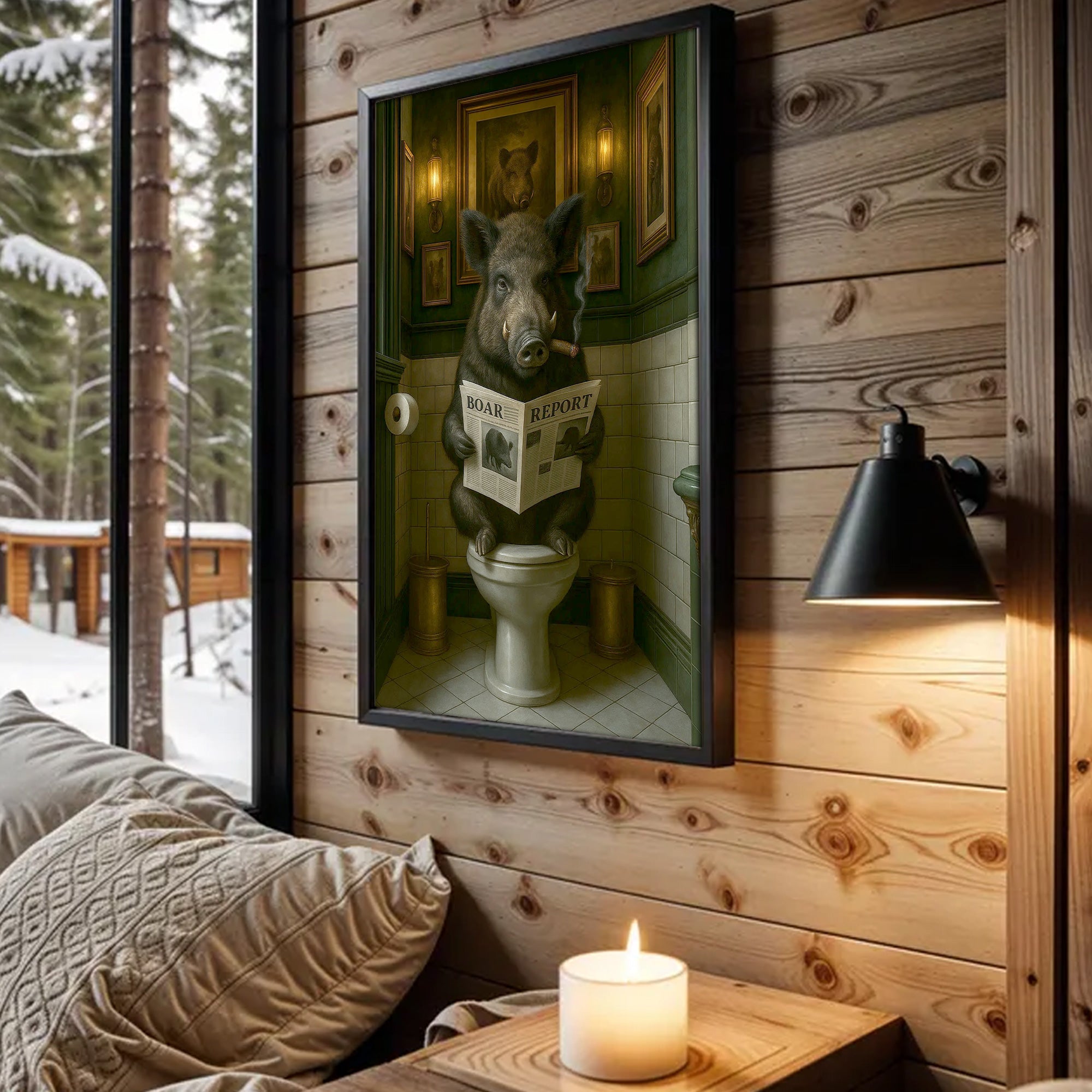 Funny Comical Wild Hog Poster – Smoking Boar on Toilet - Unique Rustic Gift for Hunters or Cabin Bathroom Decor