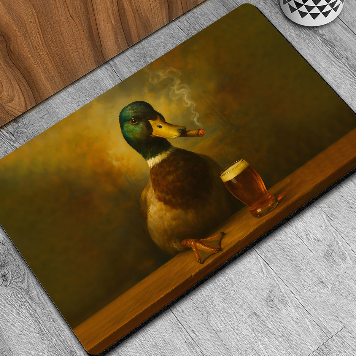 Funny Duck Barware Doormat – Hunting Lodge Rug with Drinking Glasses & Smoking-related Decor, Outdoor Cabin Decor Gift