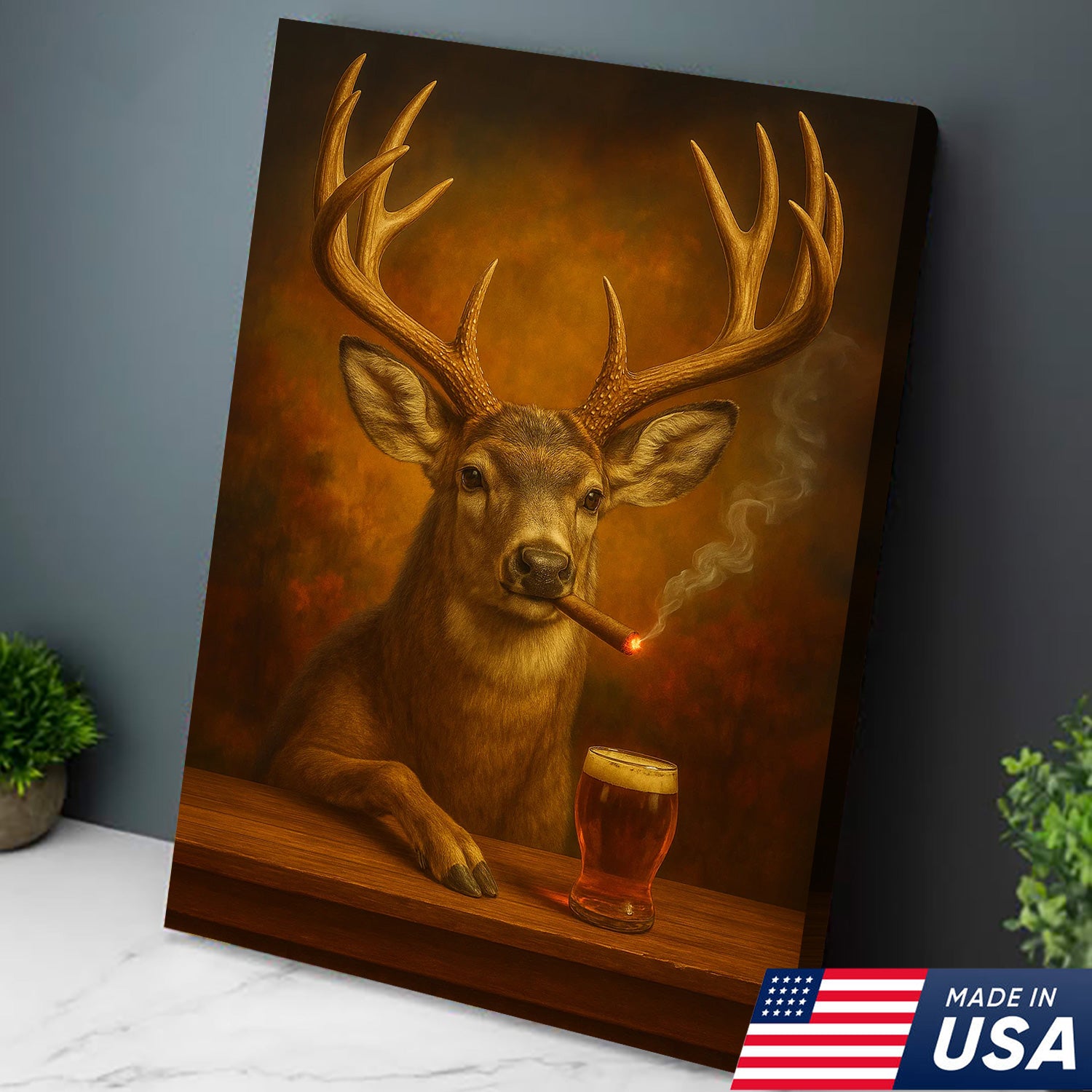 Muke Deer With Smoking & Cocktail Glasses Canvas – Funny Hunting Lodge Wall Art Perfect Gift for Hunters & Cocktail Glasses Lovers