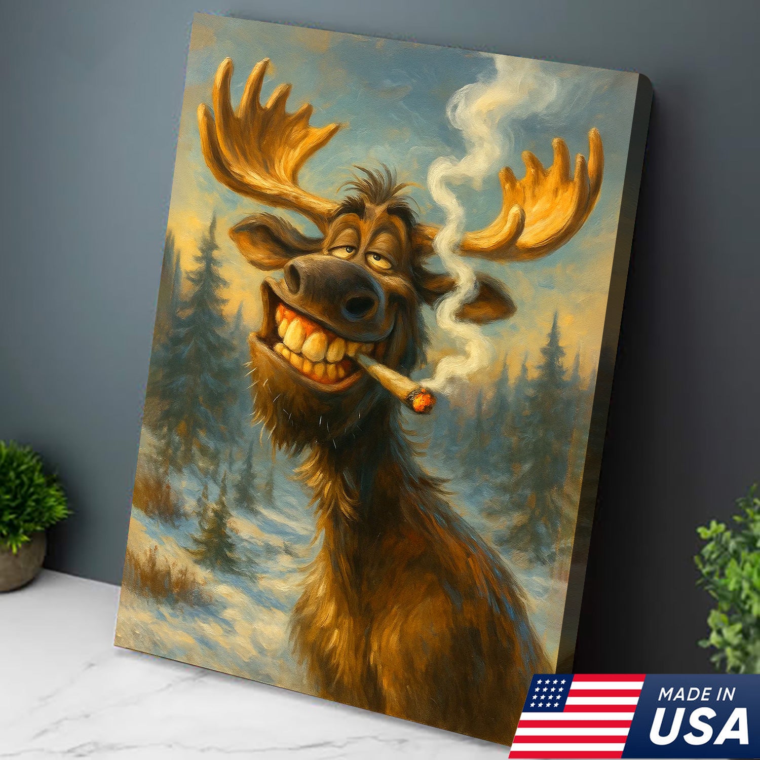 Funny Moose Smoking Canvas Wall Art – Rustic Cabin Lodge Decor