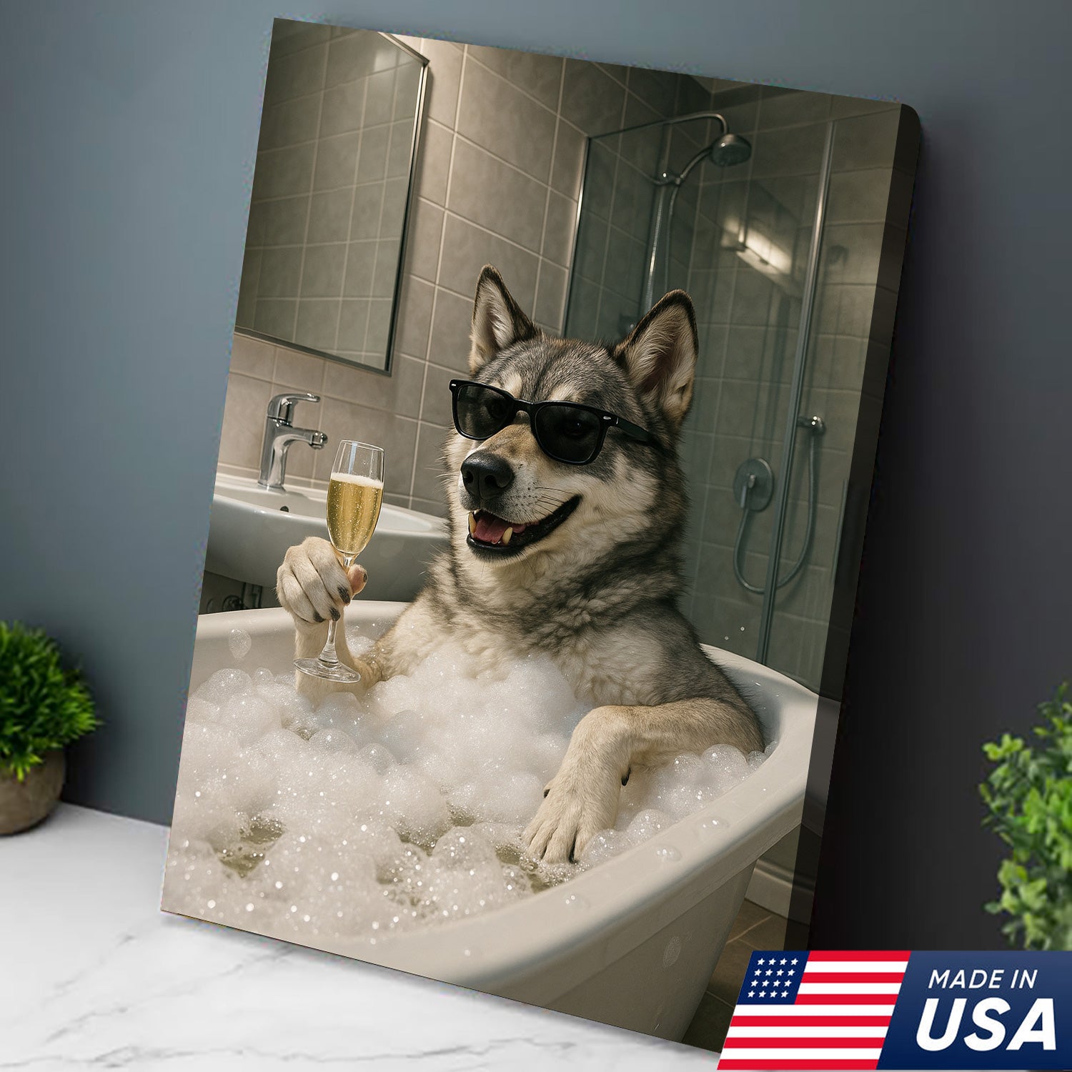 Funny Wolf Canvas Wall Art – Quirky Animal Portrait Relaxing in Bathtub for Bathroom, Rustic Cabin & Home Decor