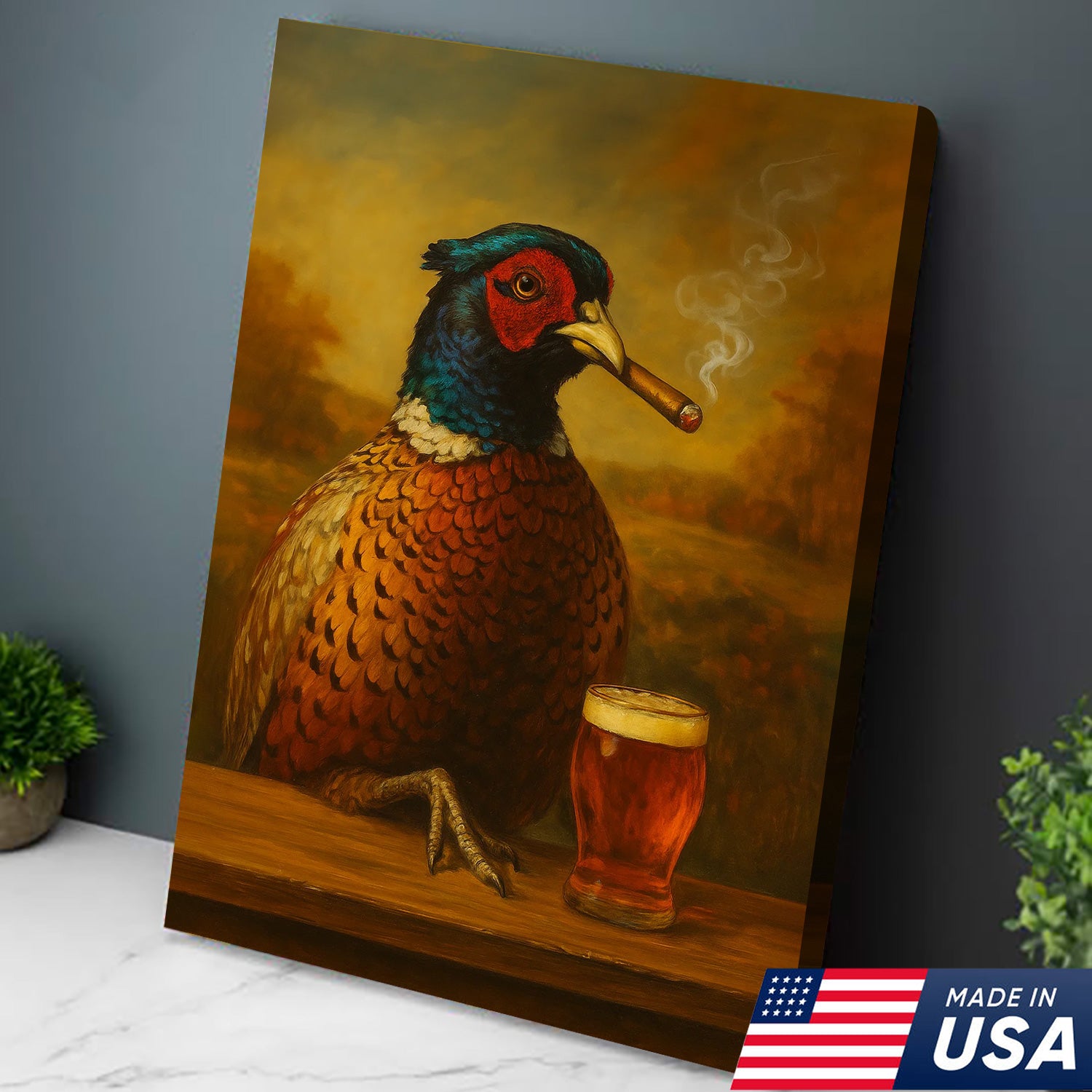 Pheasant With Smoking & Cocktail Glasses Canvas – Hunting Lodge Decor Perfect Gift for Hunters & Cocktail Glasses Lovers