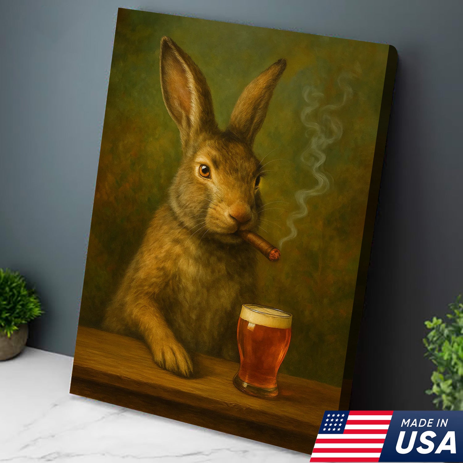 Funny Rabbit Smoking and Drinking Cocktail Glasses Canvas Wall Art – Rustic Cabin Decor