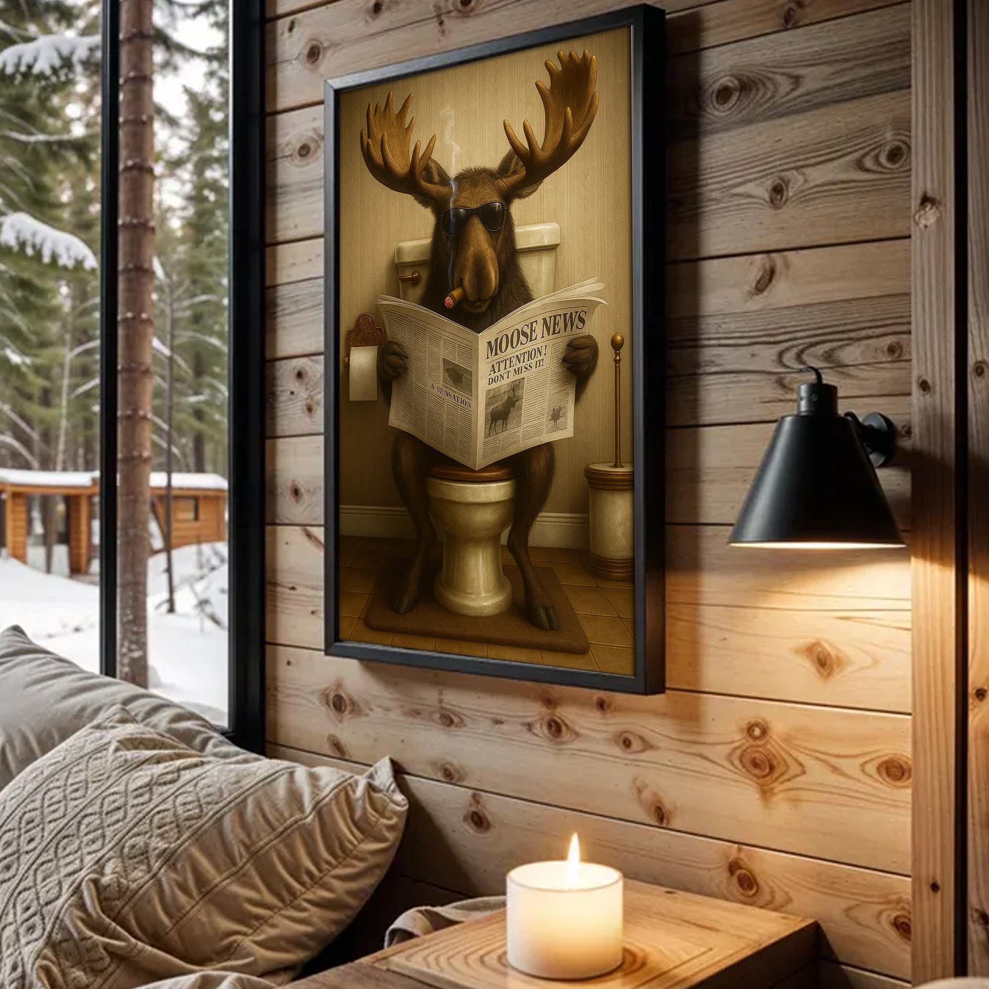 Funny Elk Hunting Lodge Moose Bathroom Canvas Wall Art – Wildlife Animal Poster - Unique Gift for Dad, Hunters & Outdoorsmen