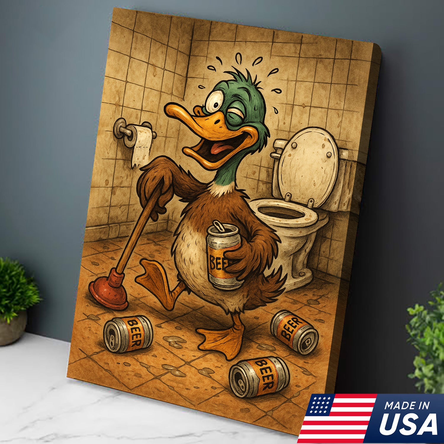 Funny Duck Canvas Wall Art – Hilarious Bathroom Decor with Soda Cans and Plunger for Rustic Cabin & Home