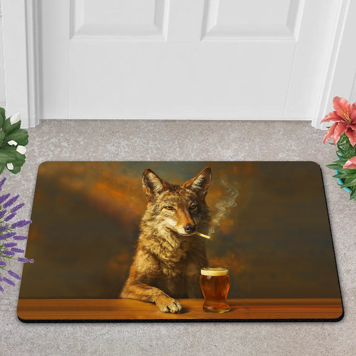 Wolf Smoking & Bar Glassware Doormat – Funny Animal Floor Mat for Hunters, Bars & Man Cave Decor