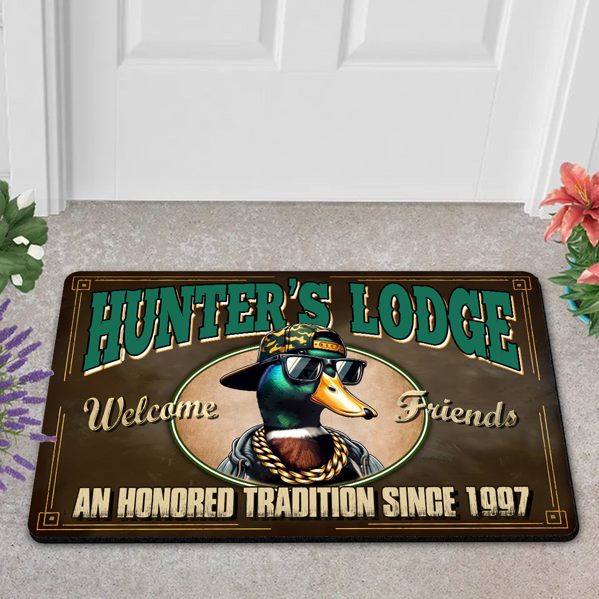 Personalized Hunter’s Lodge Duck Doormat – Funny Hunting Welcome Mat with Custom Year, Rustic Cabin & Lodge Decor
