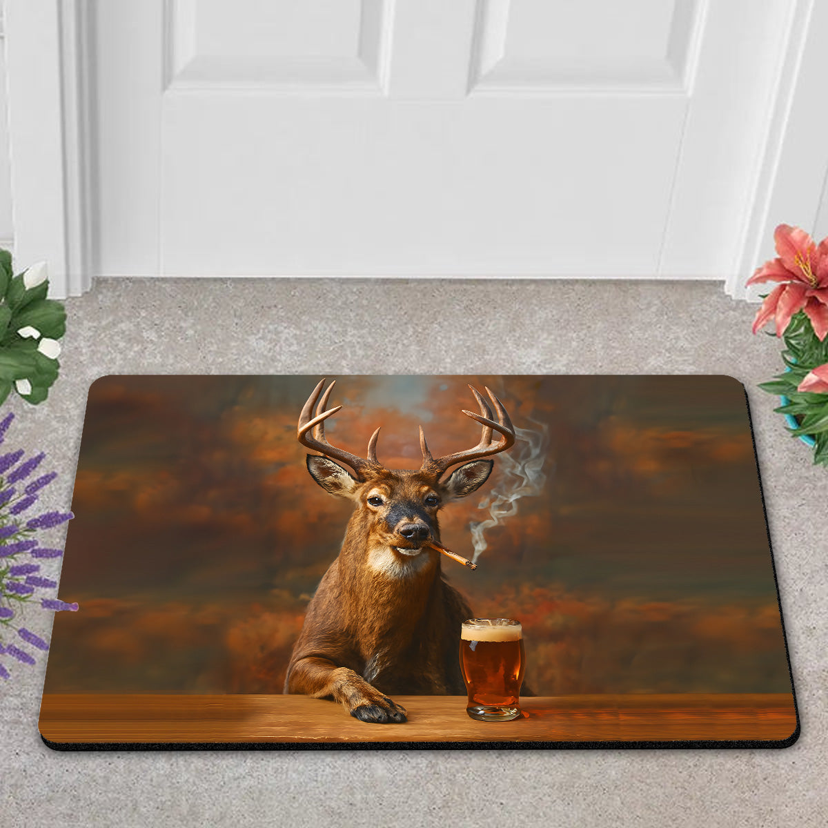 Deer Smoking & Bar Glassware Doormat – Funny Hunting Cabin Rug, Man Cave & Outdoor Decor Gift