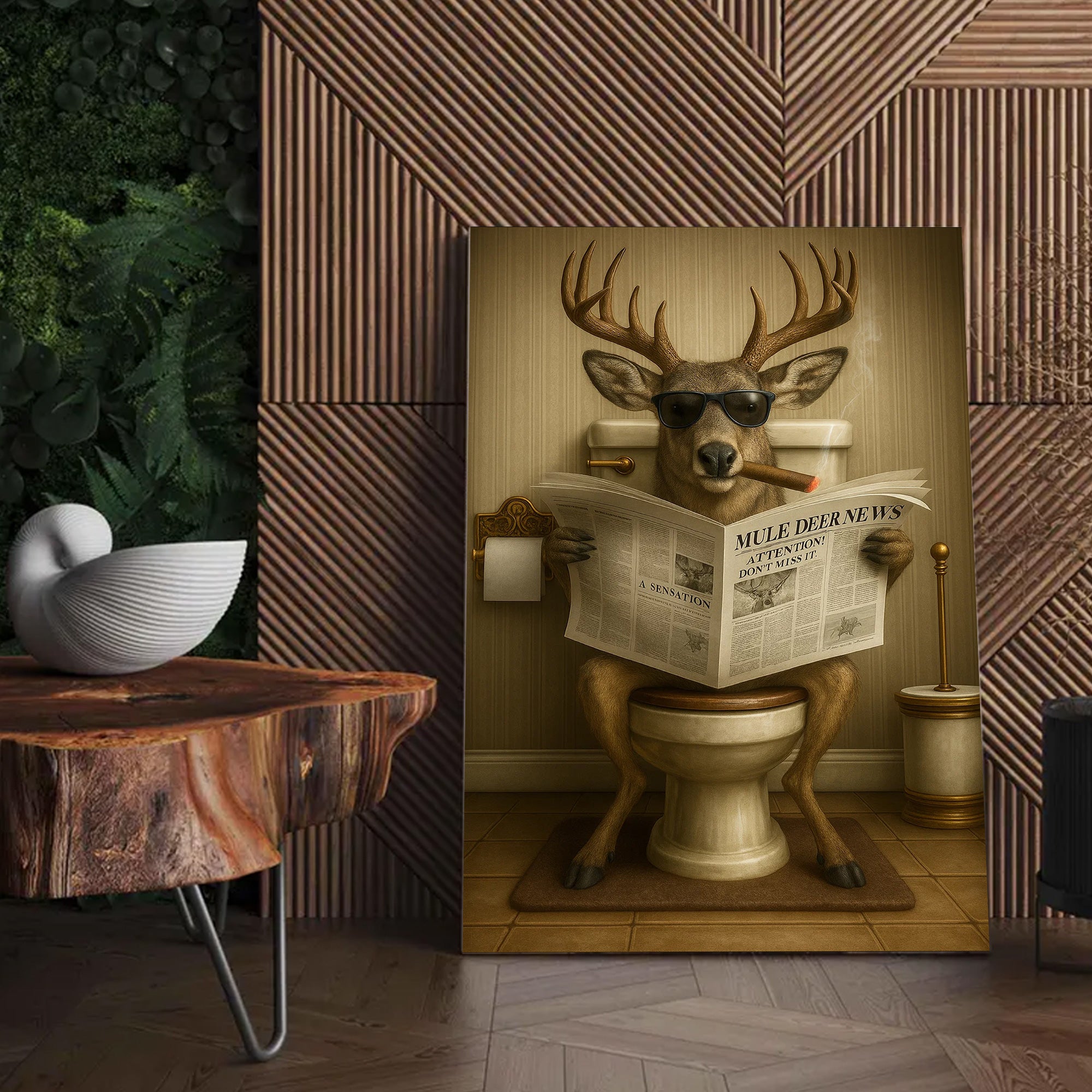 Funny Mule Deer Newspaper Bathroom Canvas Wall Art – Wildlife Animal Poster - Unique Gift for Dad, Hunters & Outdoorsmen